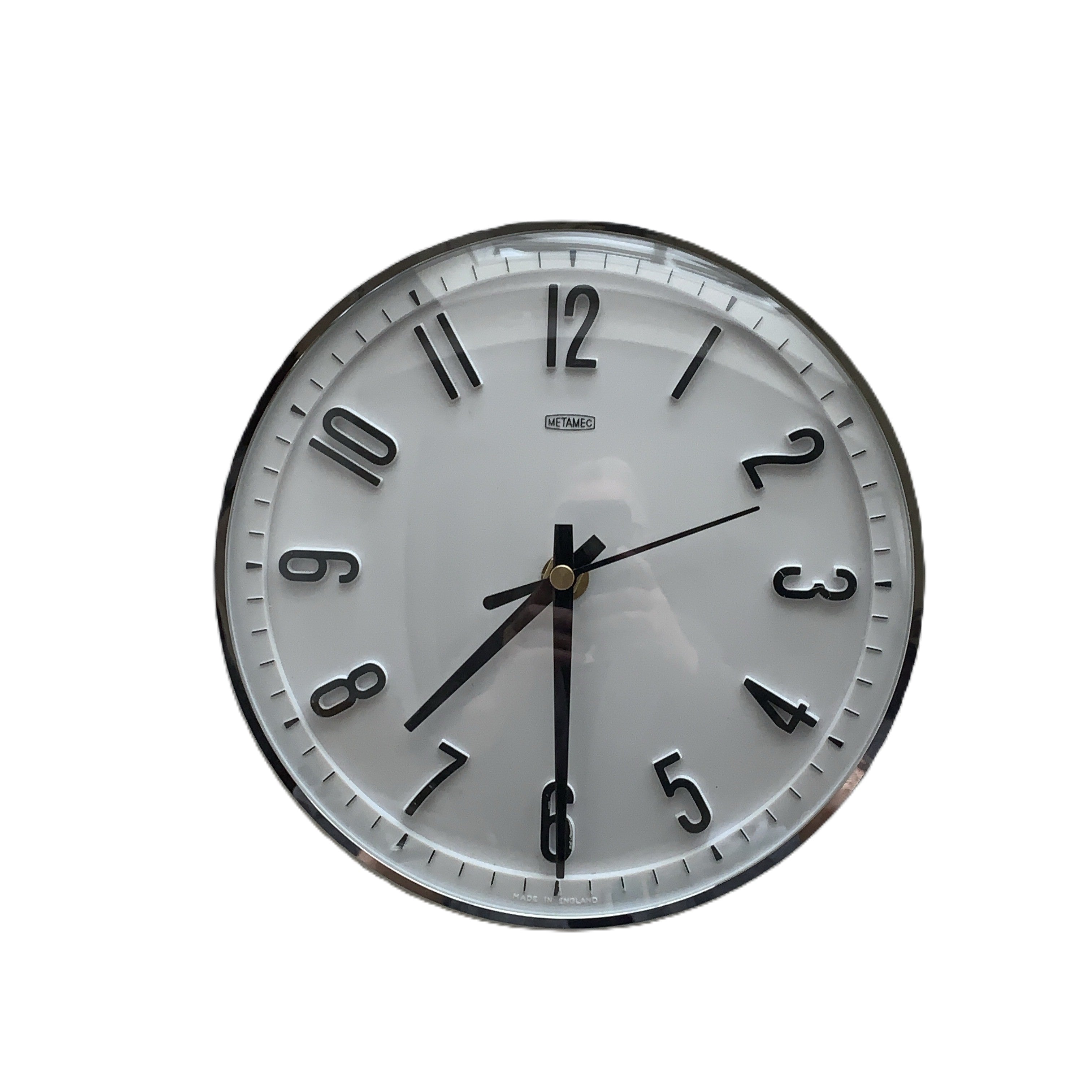 Metamec Model 5868 Wall Clock – 1960s White Chrome Bezel Arabic Numeral All Black Hands 8 Inch