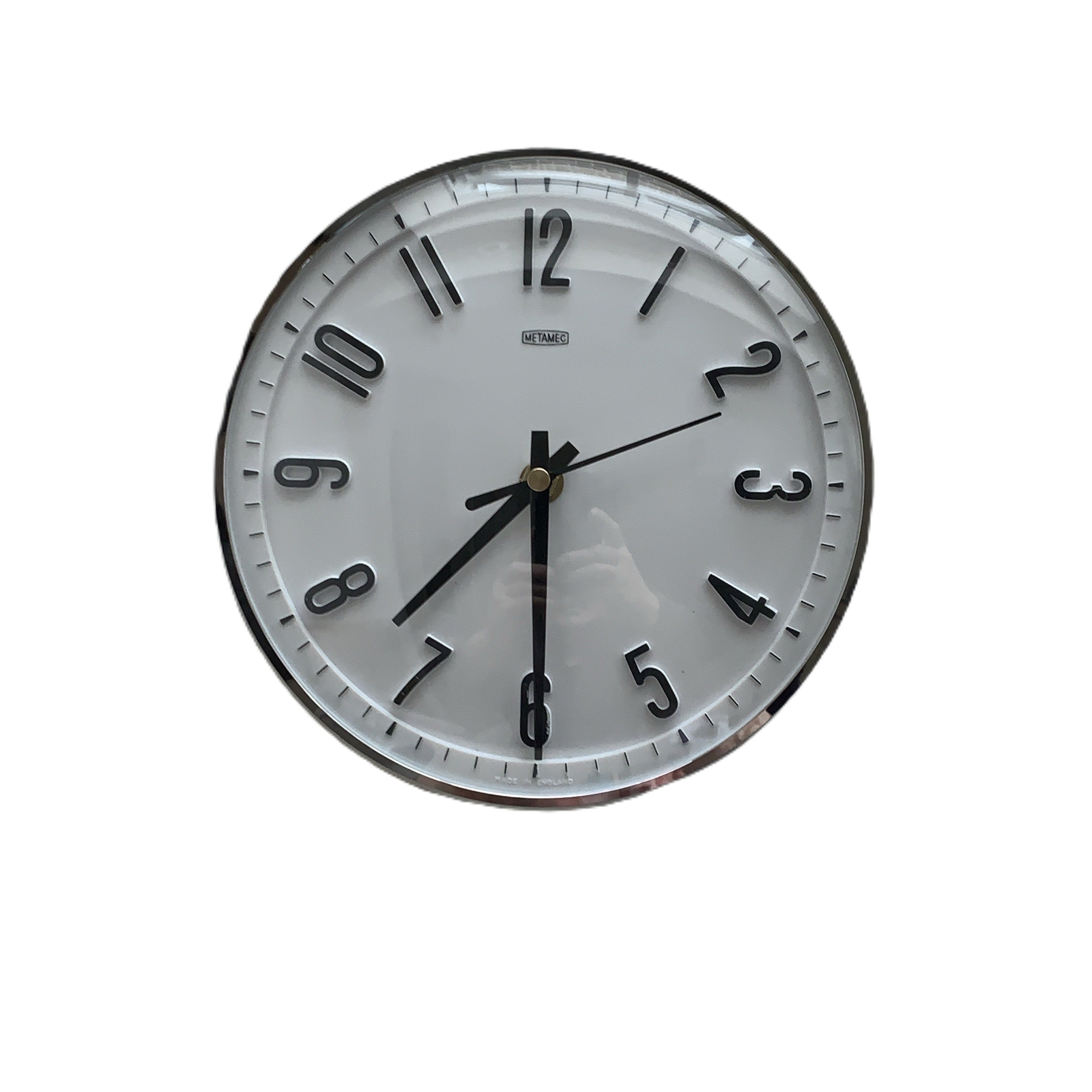 Metamec Model 5868 Wall Clock – 1960s White Chrome Bezel Arabic Numeral All Black Hands 8 Inch