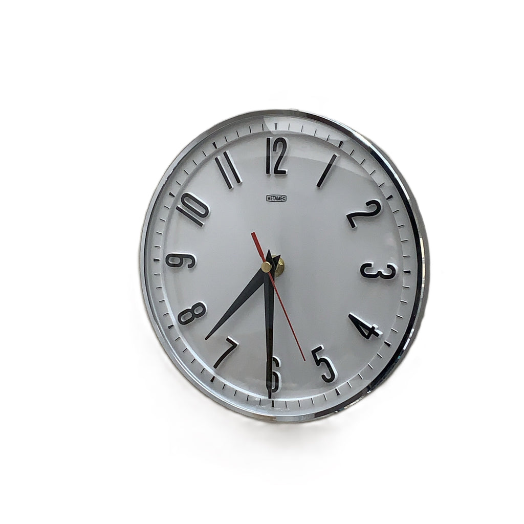 Metamec Model 5868 Wall Clock – 1960s White Chrome Bezel Arabic Numeral New Quartz 8 Inch England