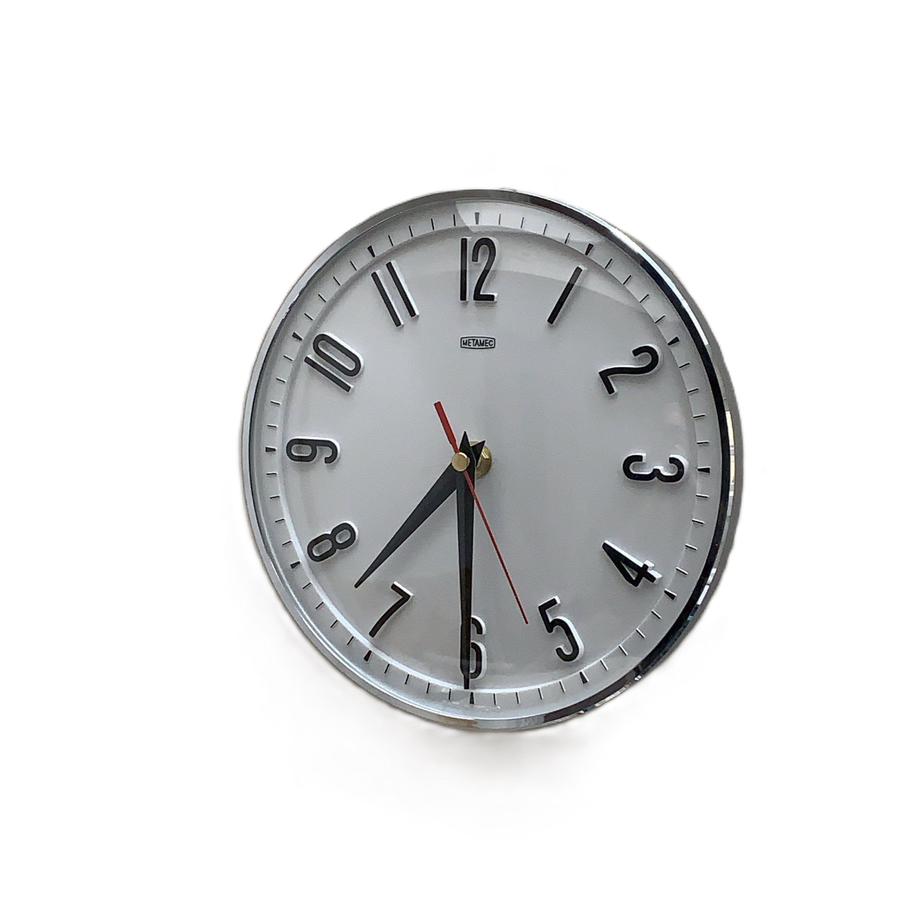 Metamec Model 5868 Wall Clock – 1960s White Chrome Bezel Arabic Numeral New Quartz 8 Inch England