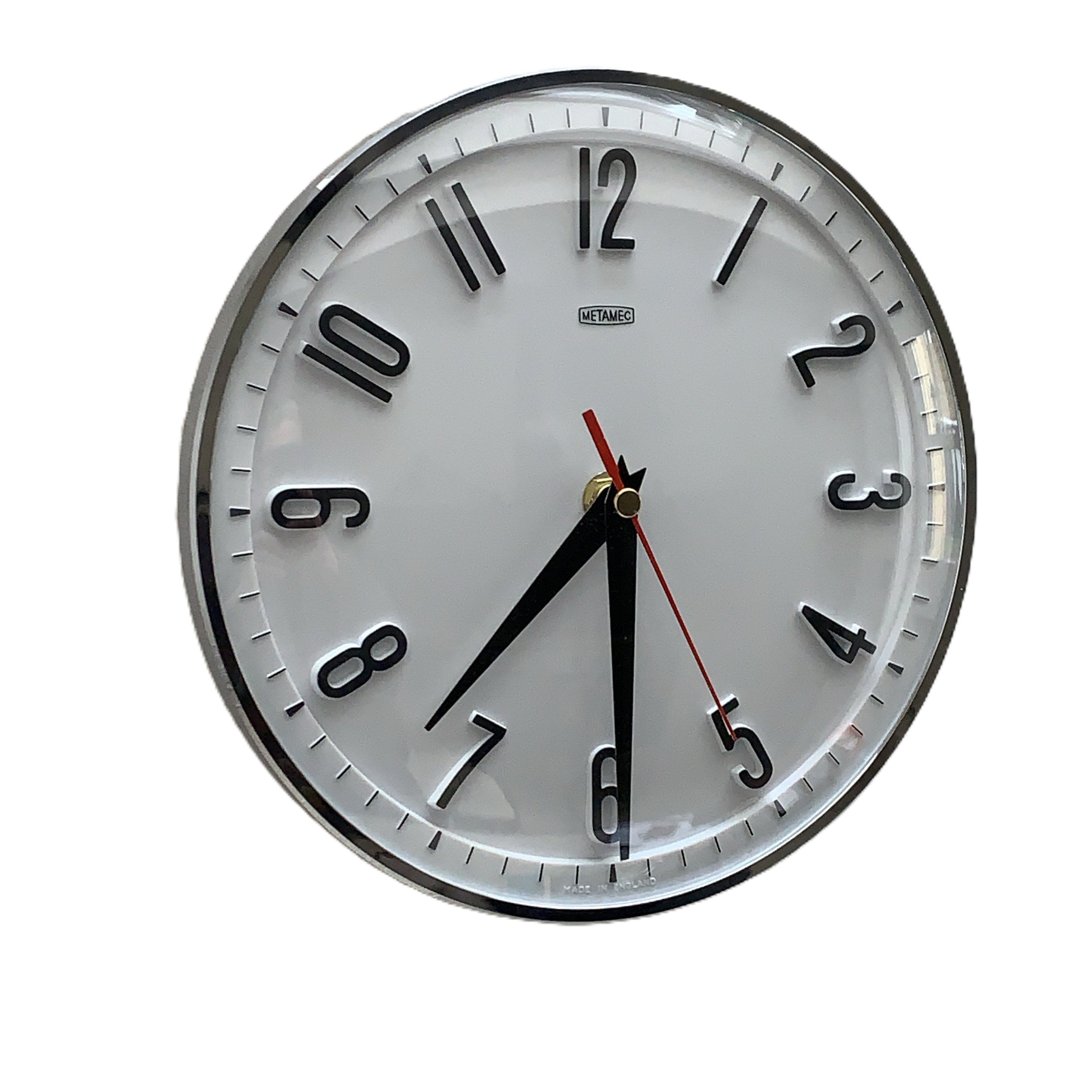Metamec Model 5868 Wall Clock – 1960s White Chrome Bezel Arabic Numeral New Quartz 8 Inch England
