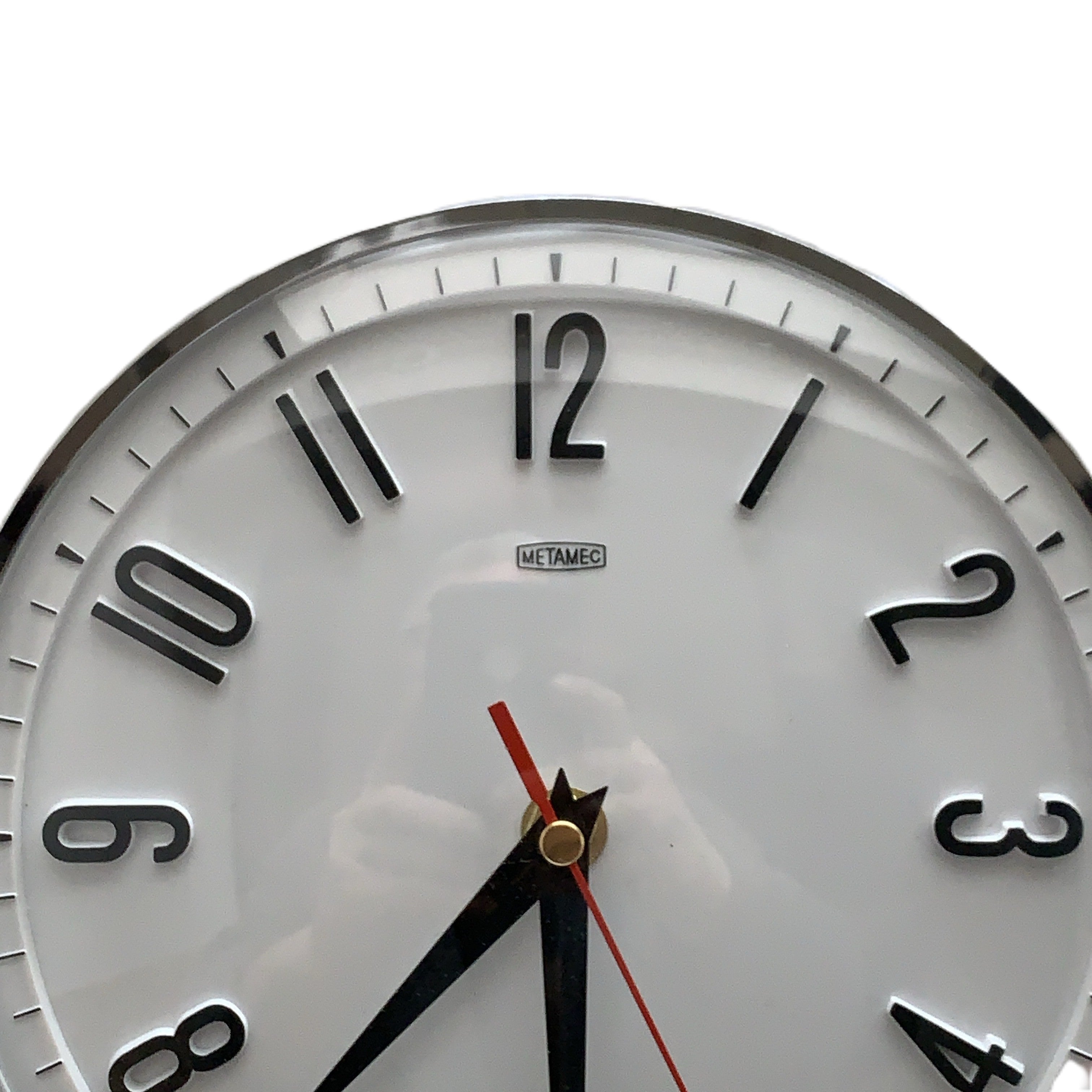 Metamec Model 5868 Wall Clock – 1960s White Chrome Bezel Arabic Numeral New Quartz 8 Inch England