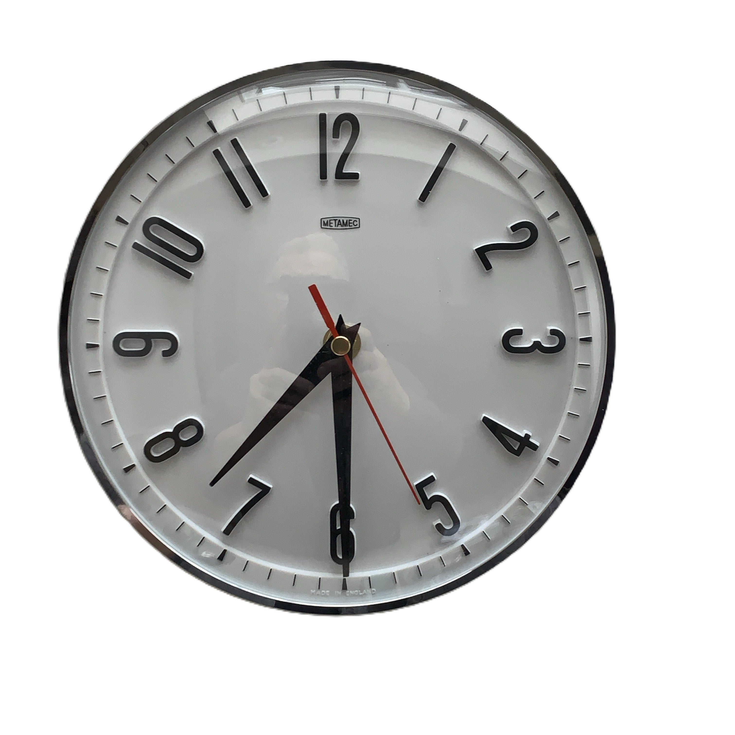 Metamec Model 5868 Wall Clock – 1960s White Chrome Bezel Arabic Numeral New Quartz 8 Inch England