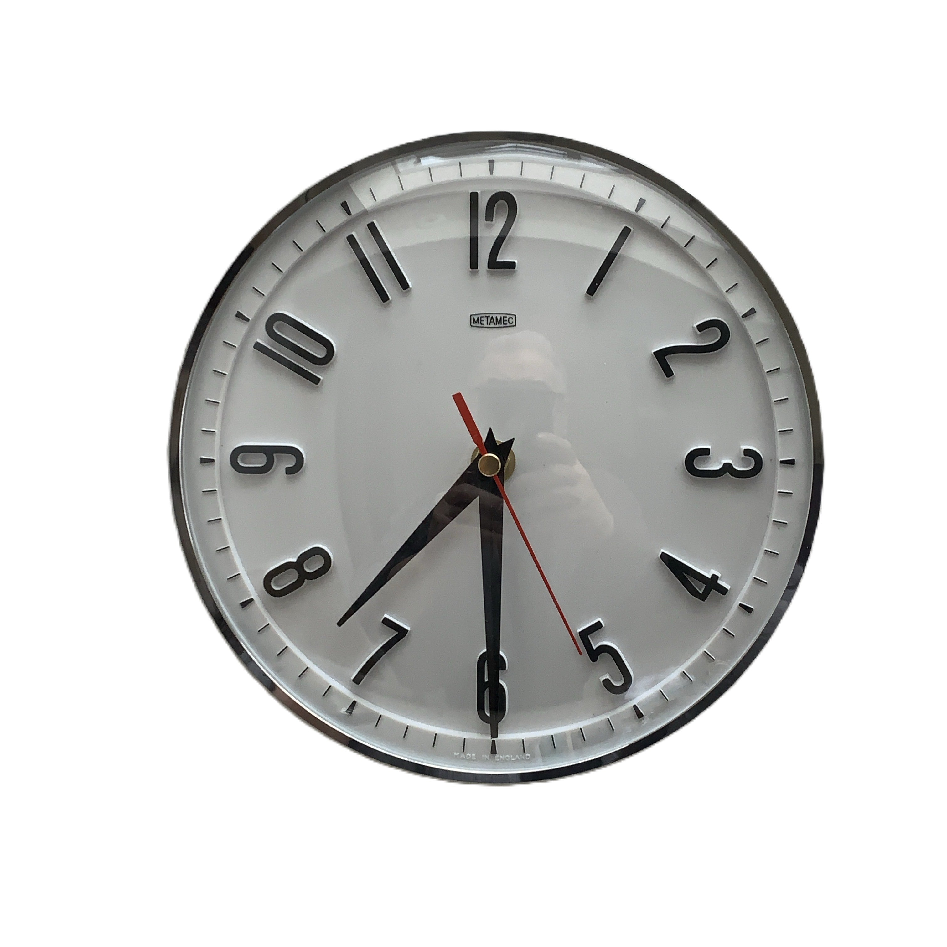 Metamec Model 5868 Wall Clock – 1960s White Chrome Bezel Arabic Numeral New Quartz 8 Inch England