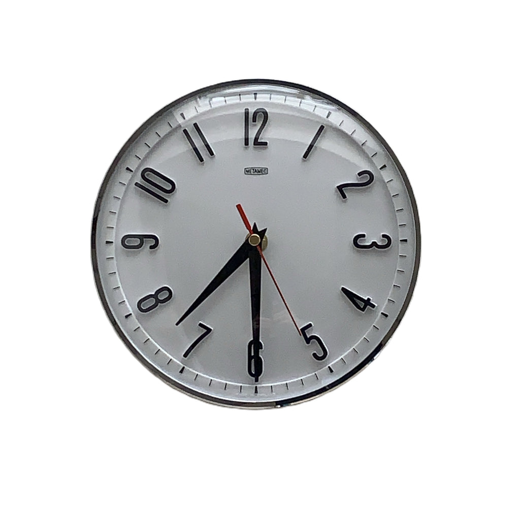 Metamec Model 5868 Wall Clock – 1960s White Chrome Bezel Arabic Numeral New Quartz 8 Inch England