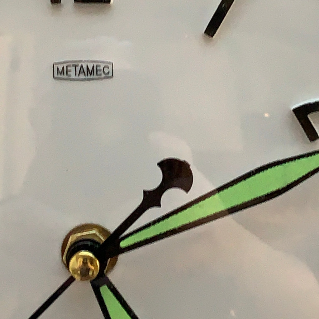 Metamec Model 5868 Wall Clock, 1960s, White Chrome Bezel, Green Hands, Arabic Numerals