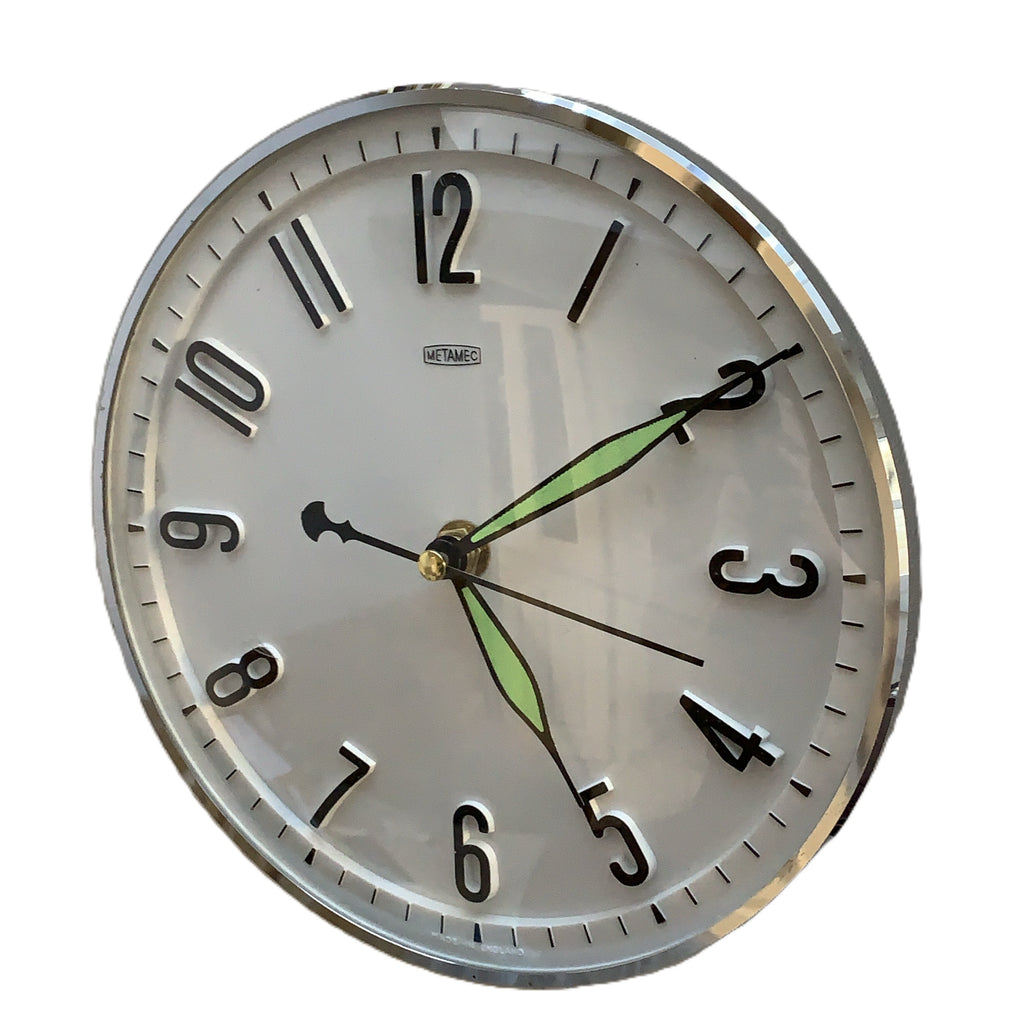 Metamec Model 5868 Wall Clock, 1960s, White Chrome Bezel, Green Hands, Arabic Numerals