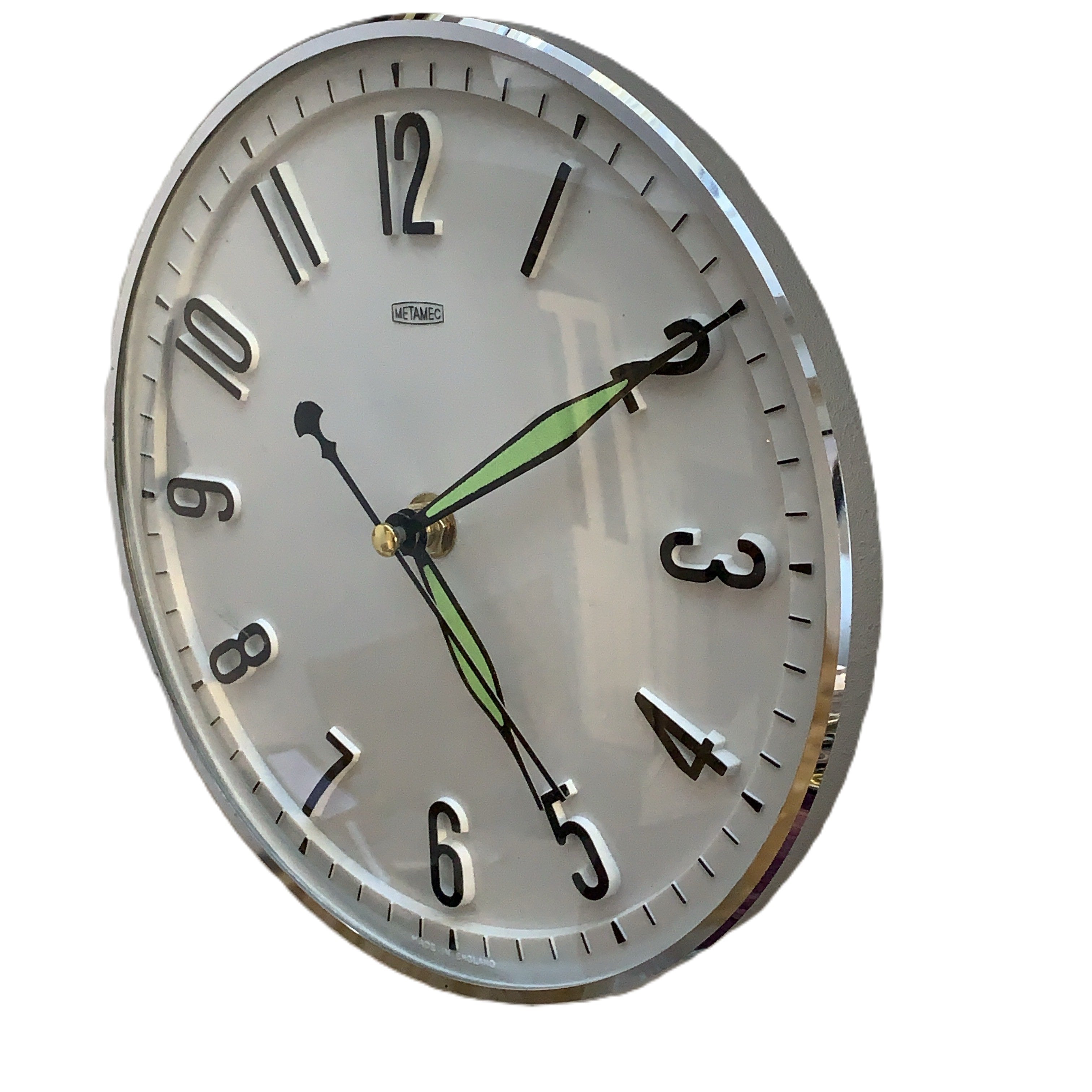 Metamec Model 5868 Wall Clock, 1960s, White Chrome Bezel, Green Hands, Arabic Numerals