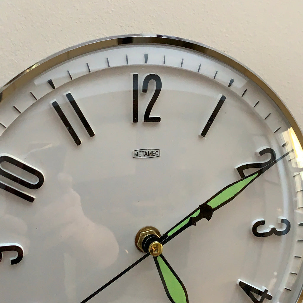 Metamec Model 5868 Wall Clock, 1960s, White Chrome Bezel, Green Hands, Arabic Numerals