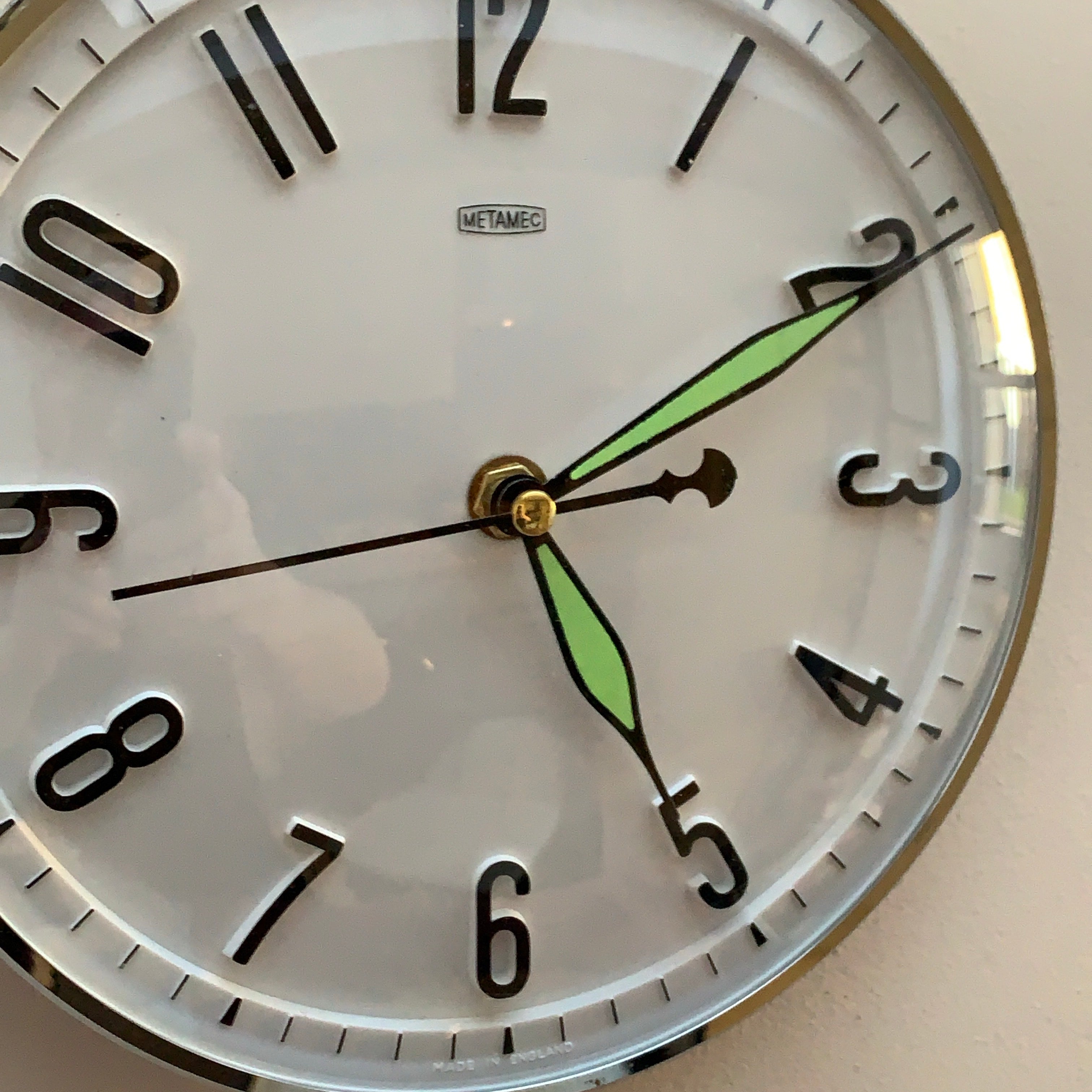 Metamec Model 5868 Wall Clock, 1960s, White Chrome Bezel, Green Hands, Arabic Numerals