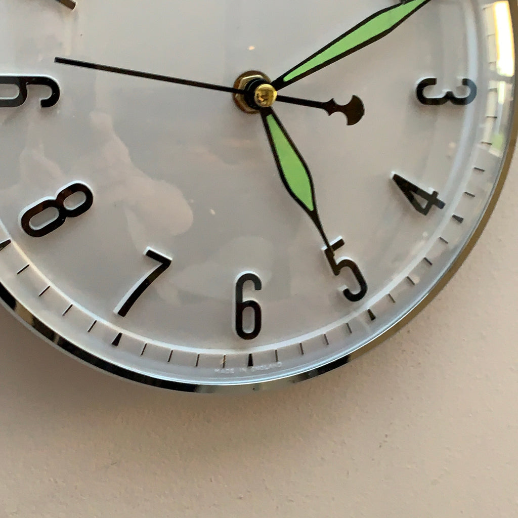 Metamec Model 5868 Wall Clock, 1960s, White Chrome Bezel, Green Hands, Arabic Numerals