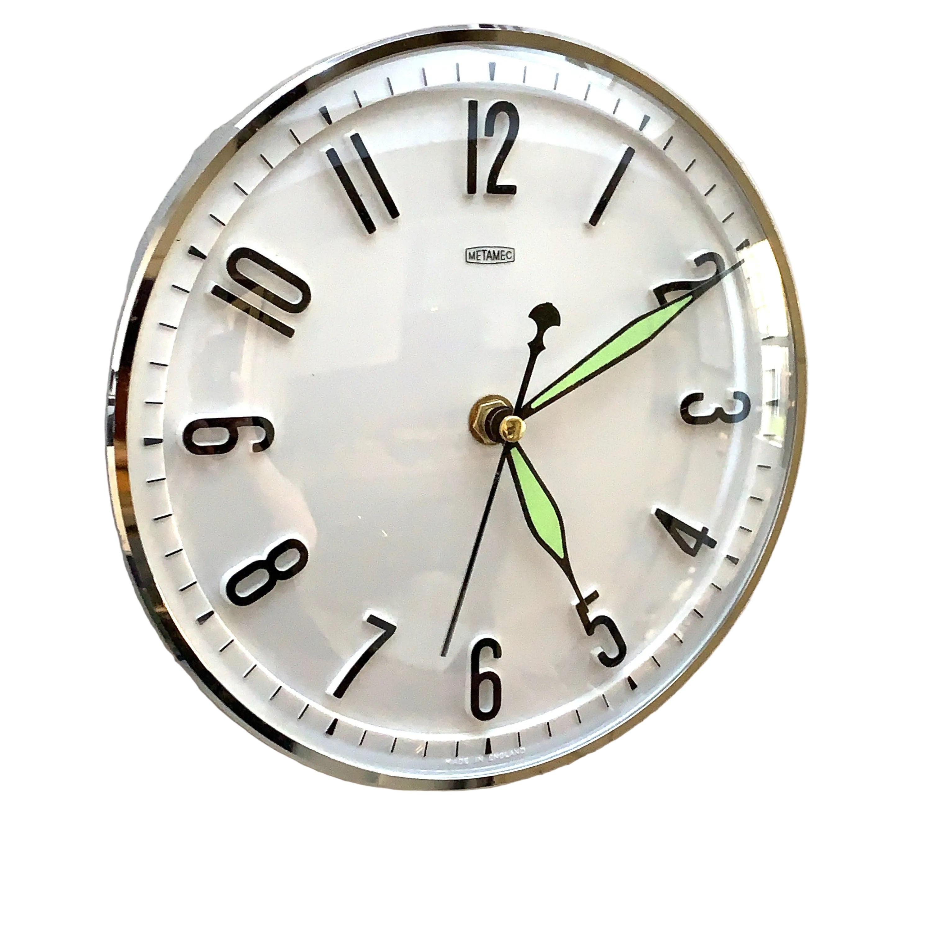 Metamec Model 5868 Wall Clock, 1960s, White Chrome Bezel, Green Hands, Arabic Numerals