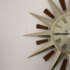 Metamec Model 5892 Starburst Wall Clock – 1960s Brass Edition Teak Brass Roman Numeral Quartz