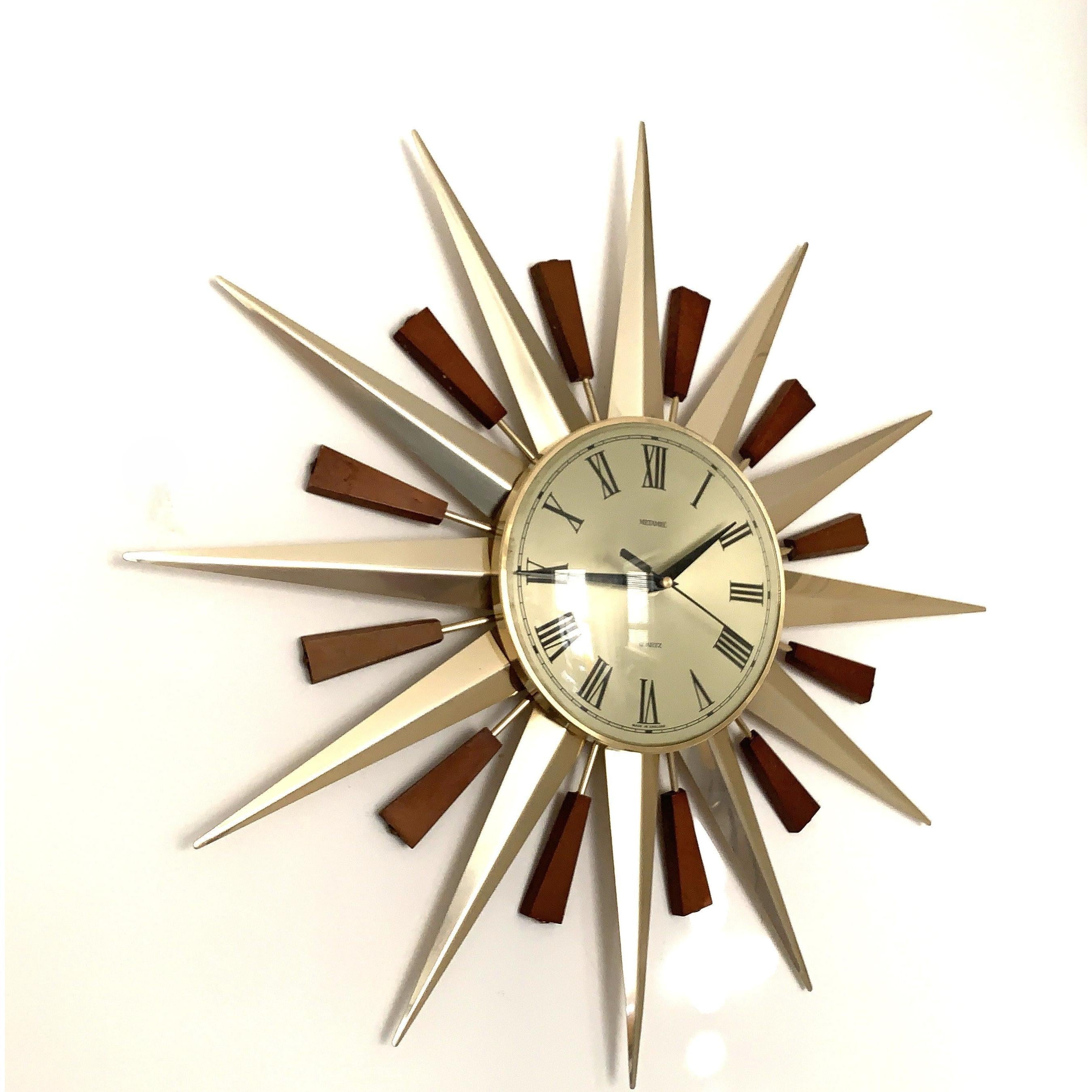Metamec Model 5892 Starburst Wall Clock – 1960s Brass Edition Teak Brass Roman Numeral Quartz