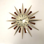 Metamec Model 5892 Starburst Wall Clock – 1960s Brass Edition Teak Brass Roman Numeral Quartz