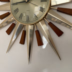 Metamec Model 5892 Starburst Wall Clock – 1960s Brass Edition Teak Brass Roman Numeral Quartz