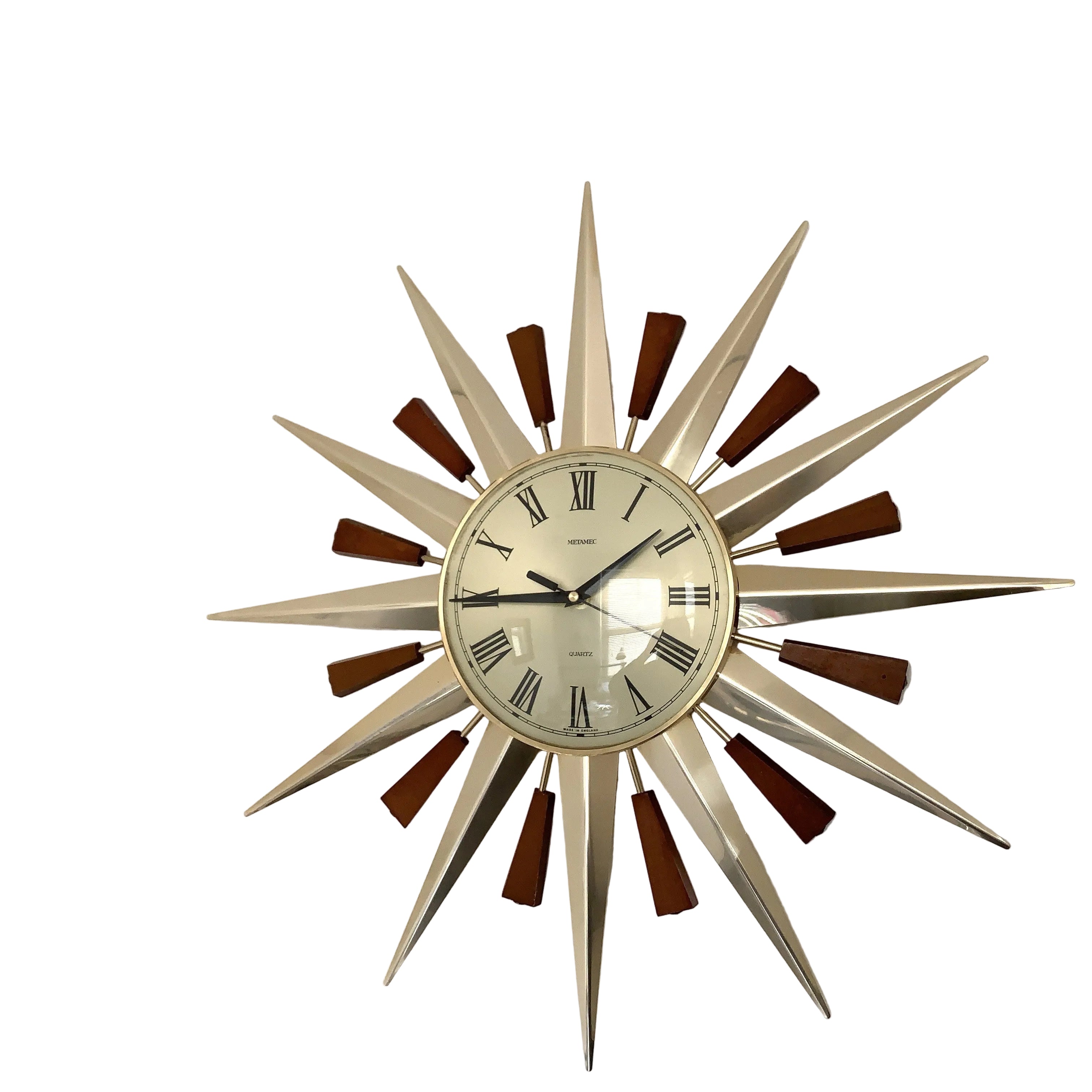 Metamec Model 5892 Starburst Wall Clock – 1960s Brass Edition Teak Brass Roman Numeral Quartz