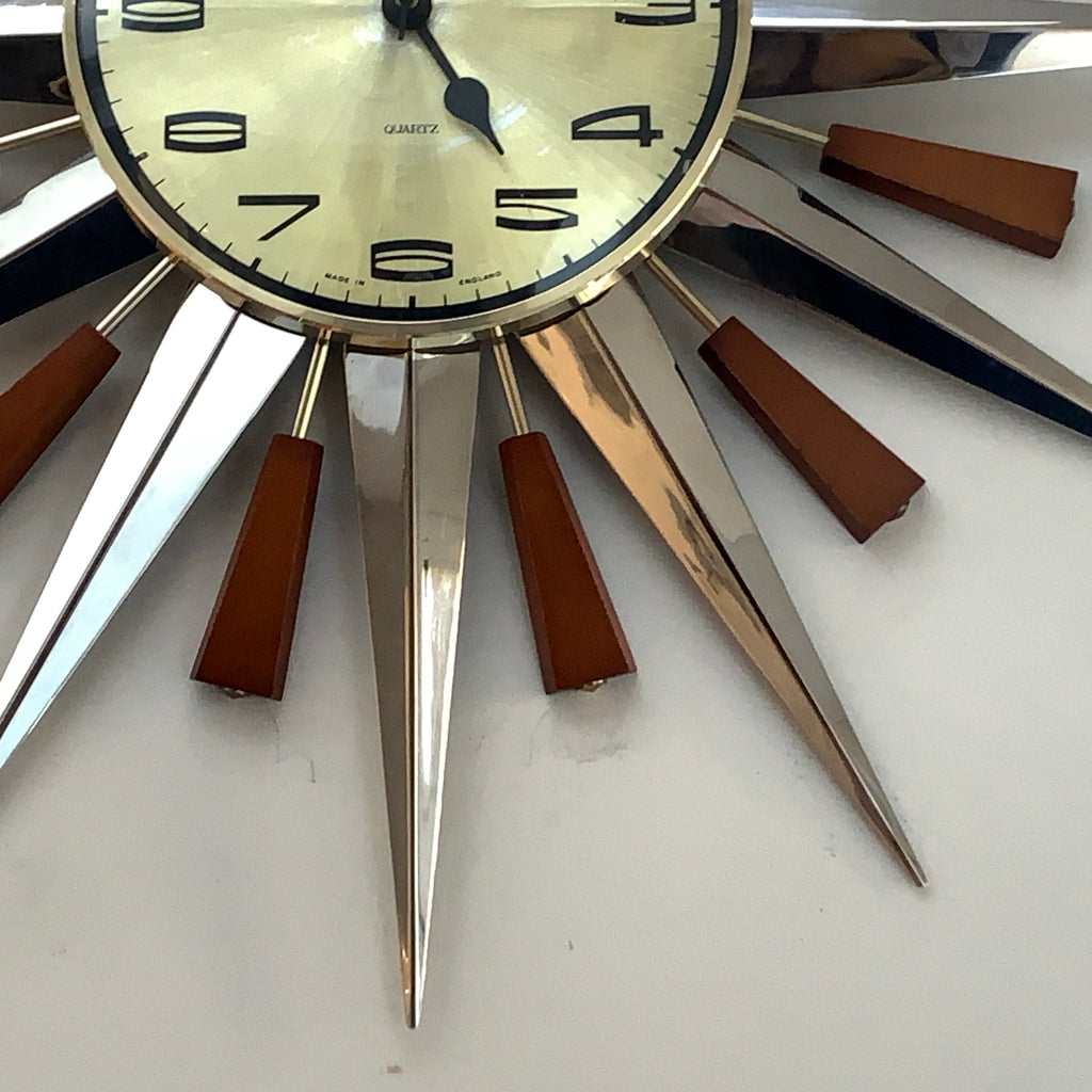 Metamec Model 5892 Starburst Wall Clock, Rare Gold Dial Variant, Teak and Chrome, 1960s
