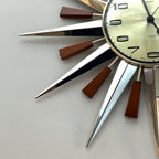 Metamec Model 5892 Starburst Wall Clock, Rare Gold Dial Variant, Teak and Chrome, 1960s
