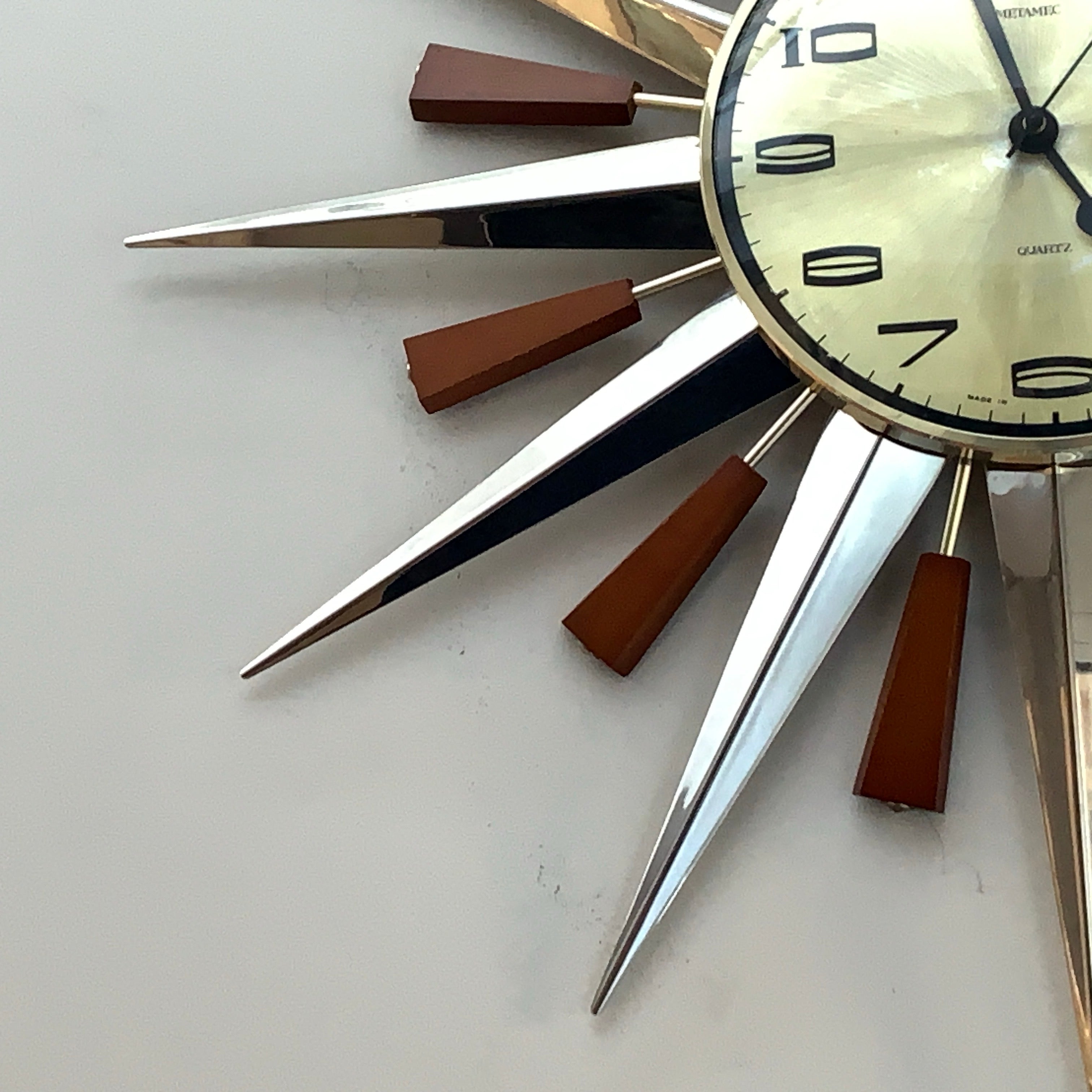 Metamec Model 5892 Starburst Wall Clock, Rare Gold Dial Variant, Teak and Chrome, 1960s