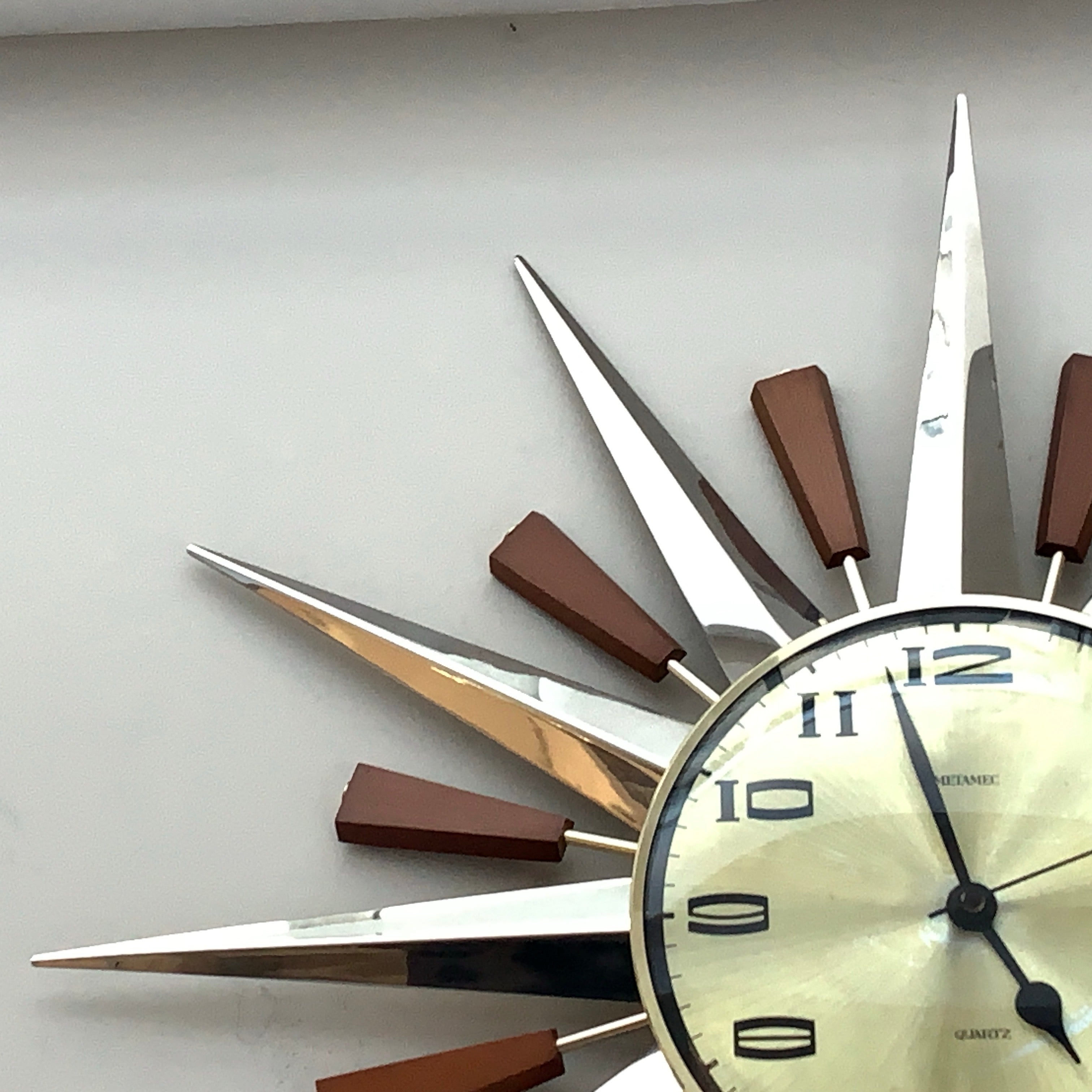 Metamec Model 5892 Starburst Wall Clock, Rare Gold Dial Variant, Teak and Chrome, 1960s