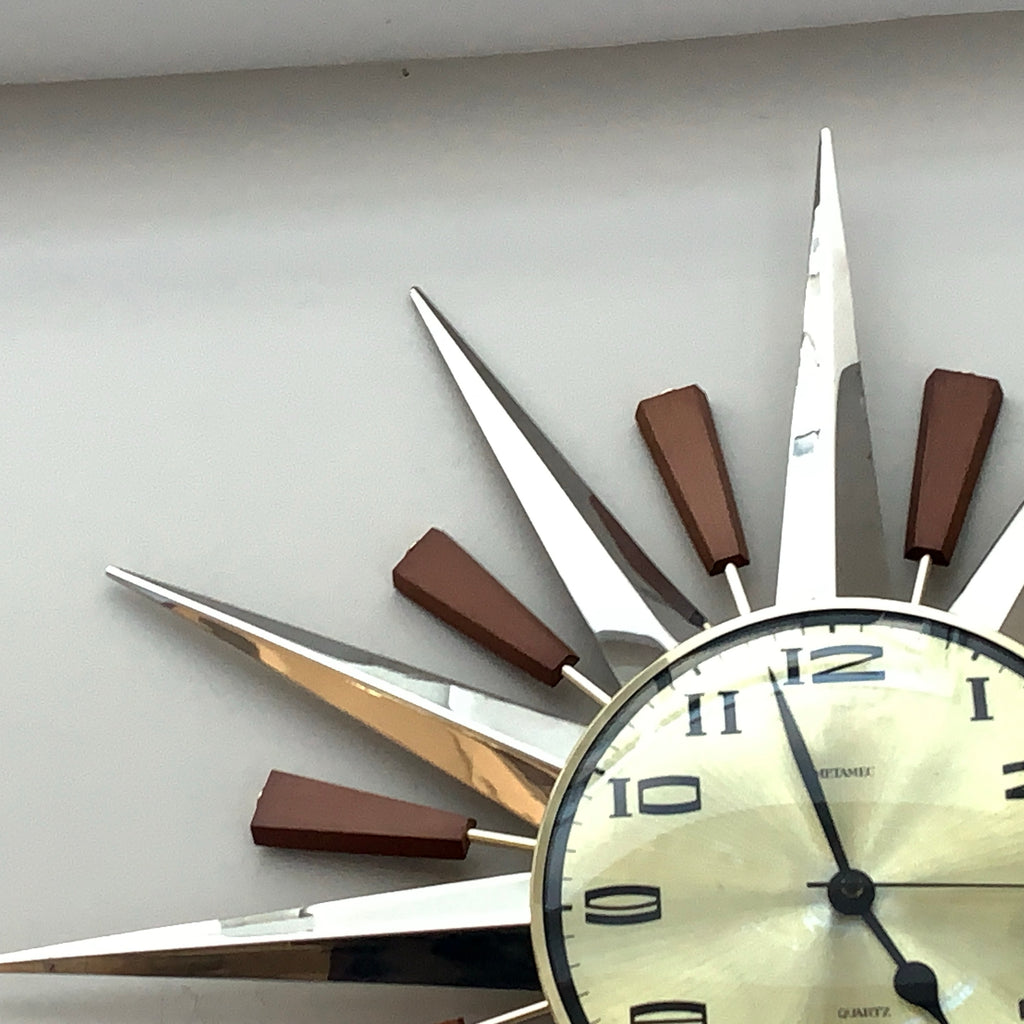 Metamec Model 5892 Starburst Wall Clock, Rare Gold Dial Variant, Teak and Chrome, 1960s