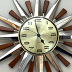 Metamec Model 5892 Starburst Wall Clock, Rare Gold Dial Variant, Teak and Chrome, 1960s