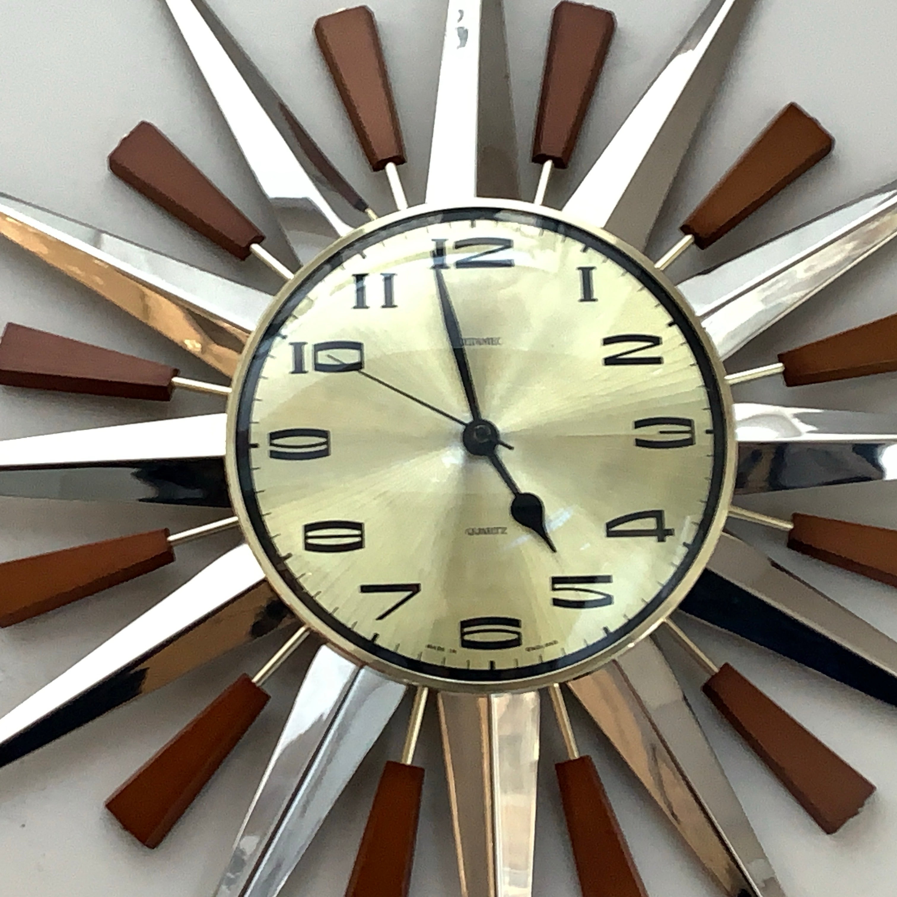 Metamec Model 5892 Starburst Wall Clock, Rare Gold Dial Variant, Teak and Chrome, 1960s