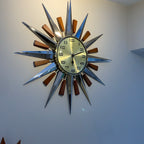 Metamec Model 5892 Starburst Wall Clock, Rare Gold Dial Variant, Teak and Chrome, 1960s