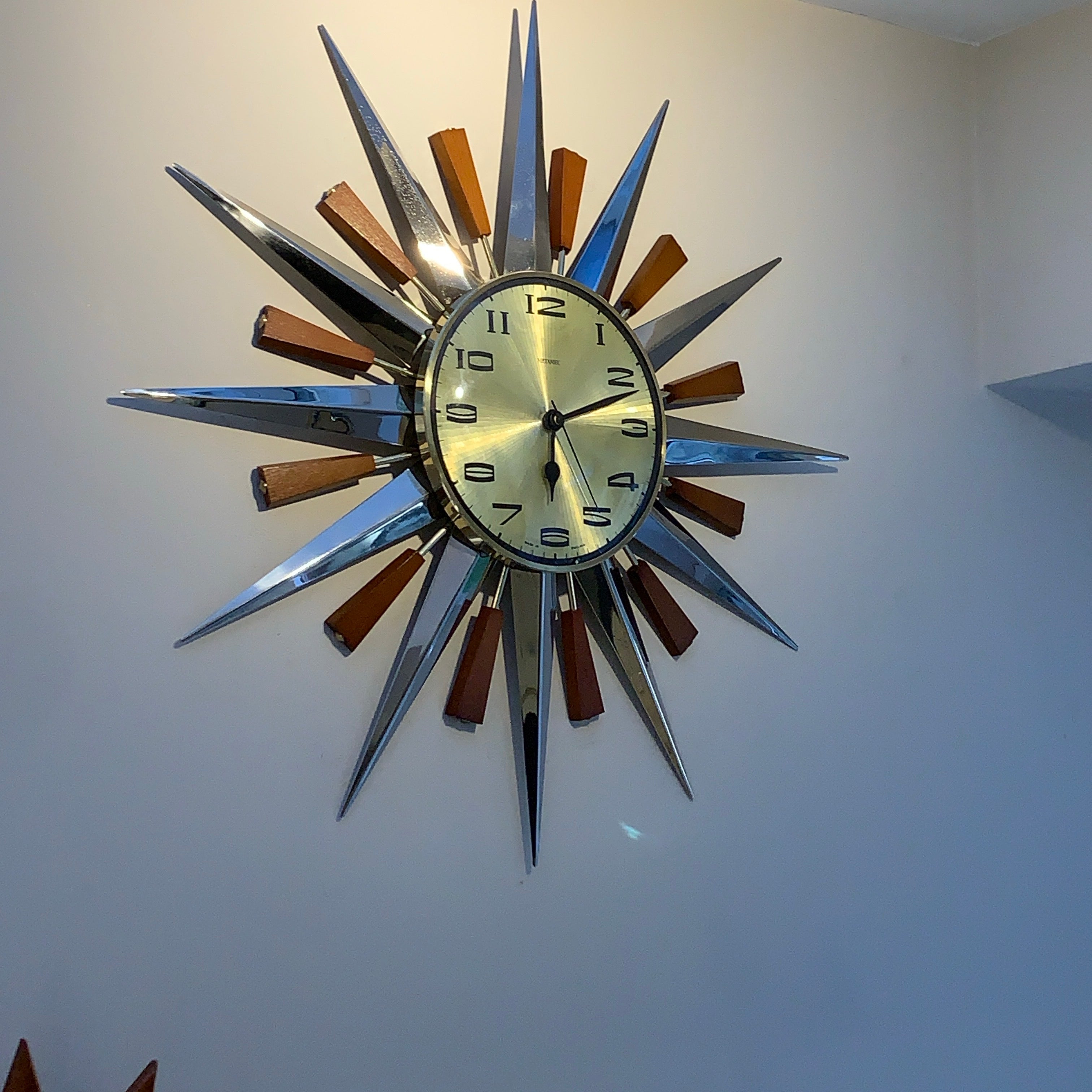 Metamec Model 5892 Starburst Wall Clock, Rare Gold Dial Variant, Teak and Chrome, 1960s