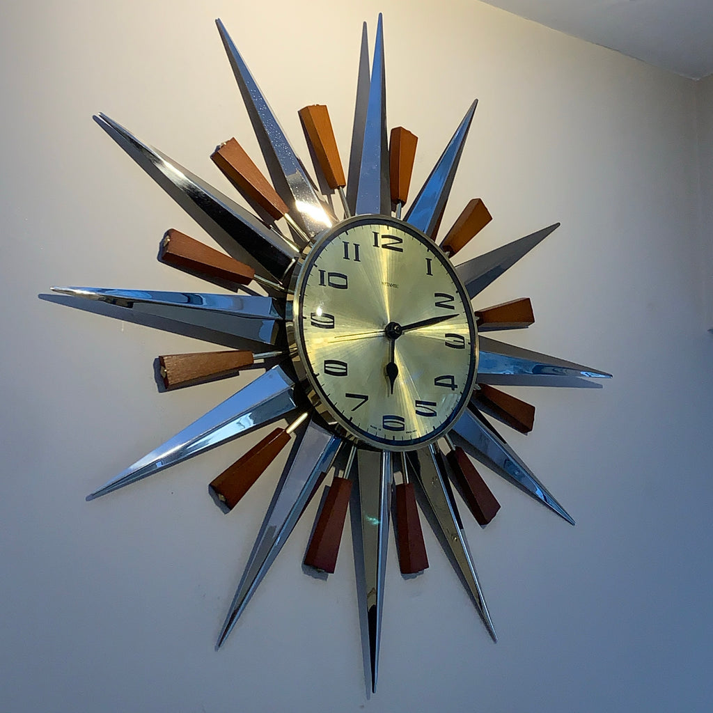 Metamec Model 5892 Starburst Wall Clock, Rare Gold Dial Variant, Teak and Chrome, 1960s