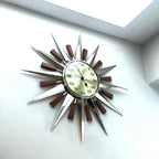 Metamec Model 5892 Starburst Wall Clock, Rare Gold Dial Variant, Teak and Chrome, 1960s