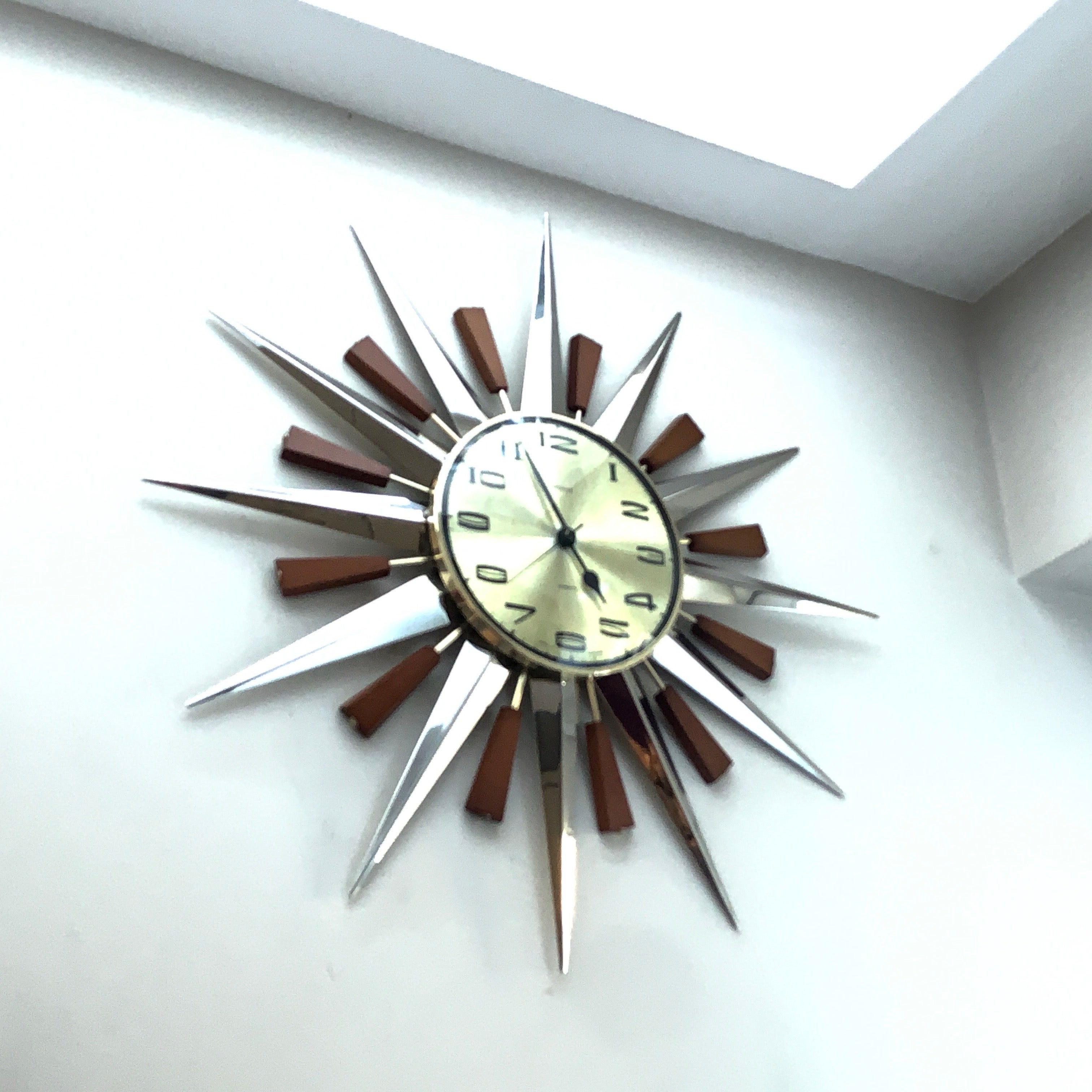Metamec Model 5892 Starburst Wall Clock, Rare Gold Dial Variant, Teak and Chrome, 1960s