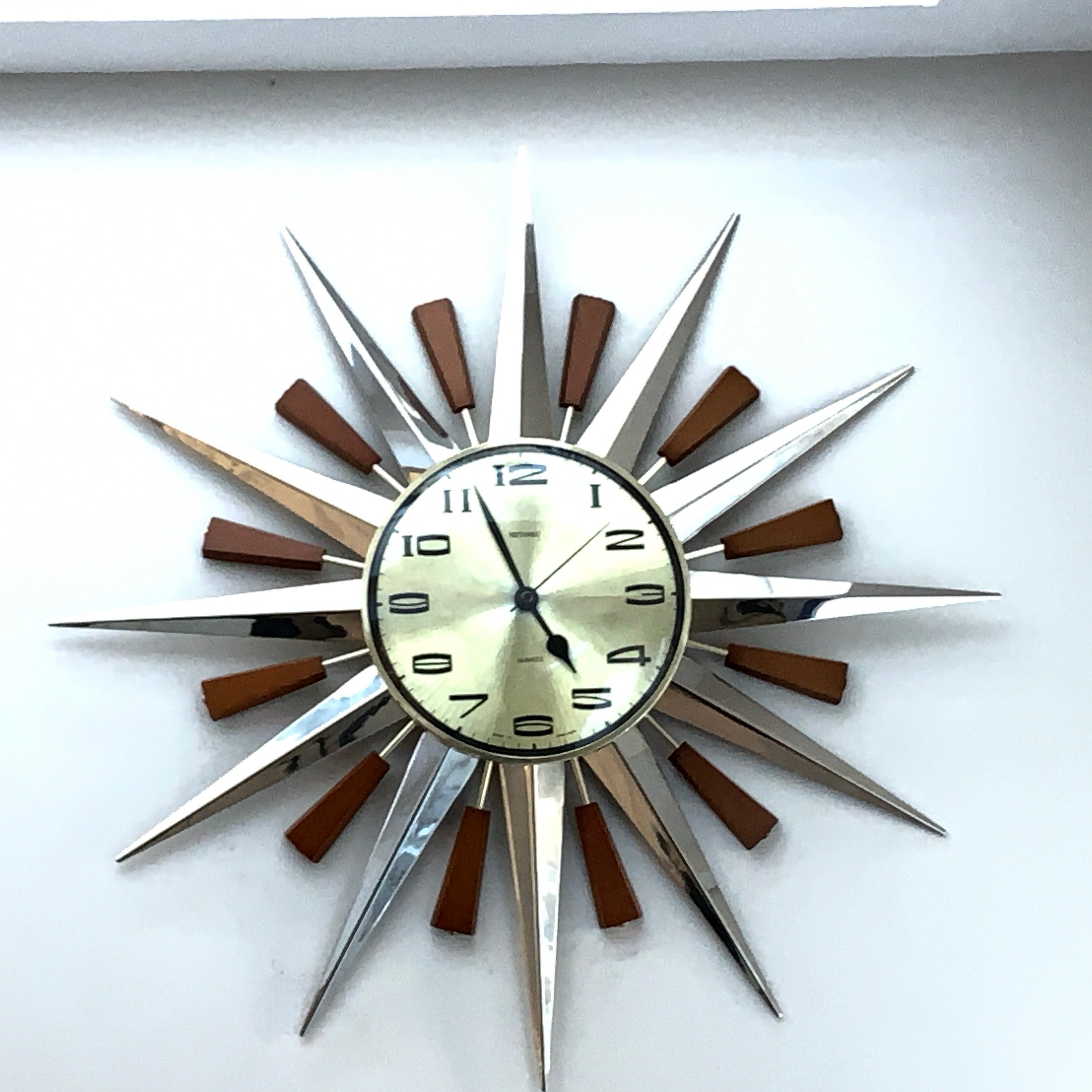 Metamec Model 5892 Starburst Wall Clock, Rare Gold Dial Variant, Teak and Chrome, 1960s