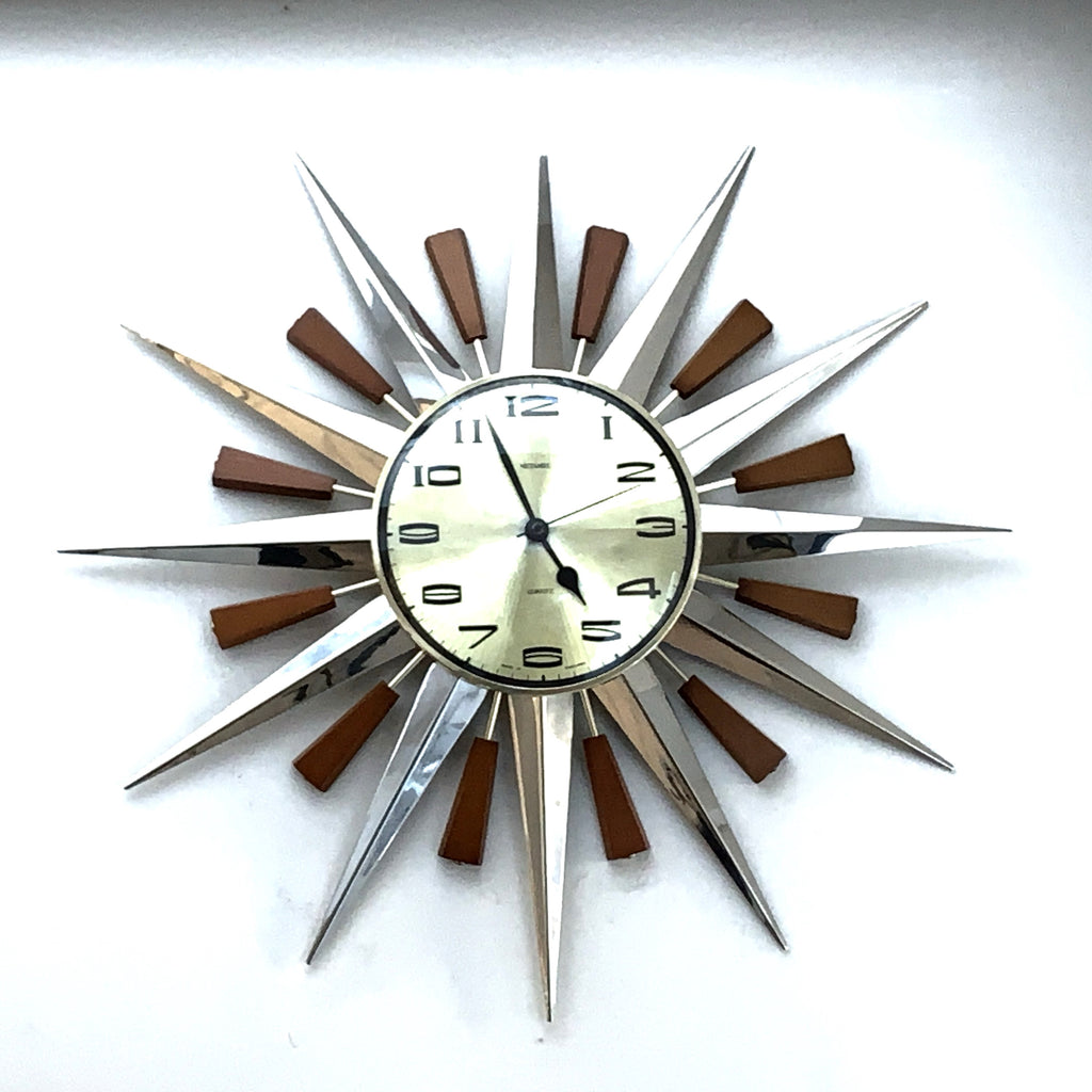 Metamec Model 5892 Starburst Wall Clock, Rare Gold Dial Variant, Teak and Chrome, 1960s