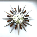 Metamec Model 5892 Starburst Wall Clock, Rare Gold Dial Variant, Teak and Chrome, 1960s