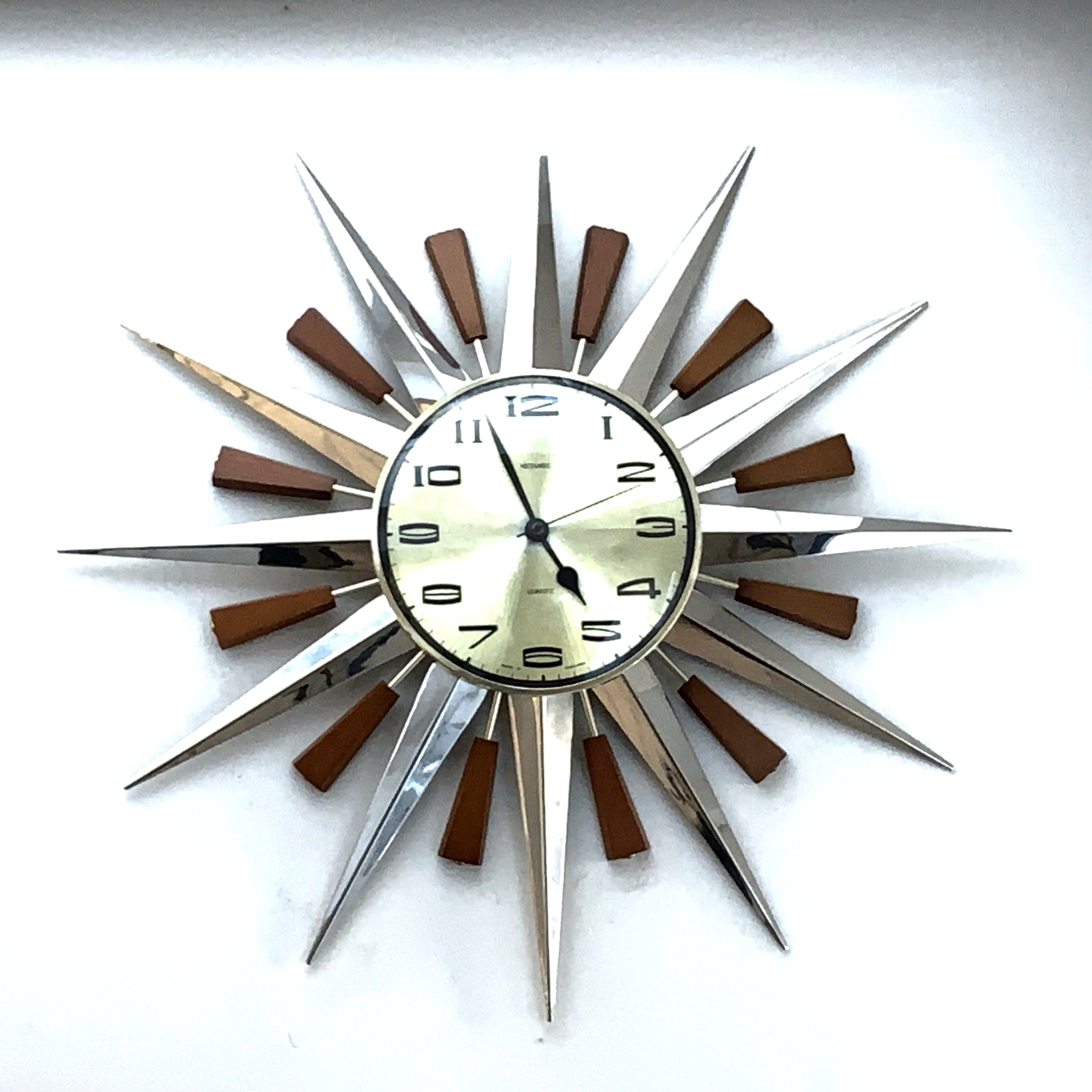 Metamec Model 5892 Starburst Wall Clock, Rare Gold Dial Variant, Teak and Chrome, 1960s