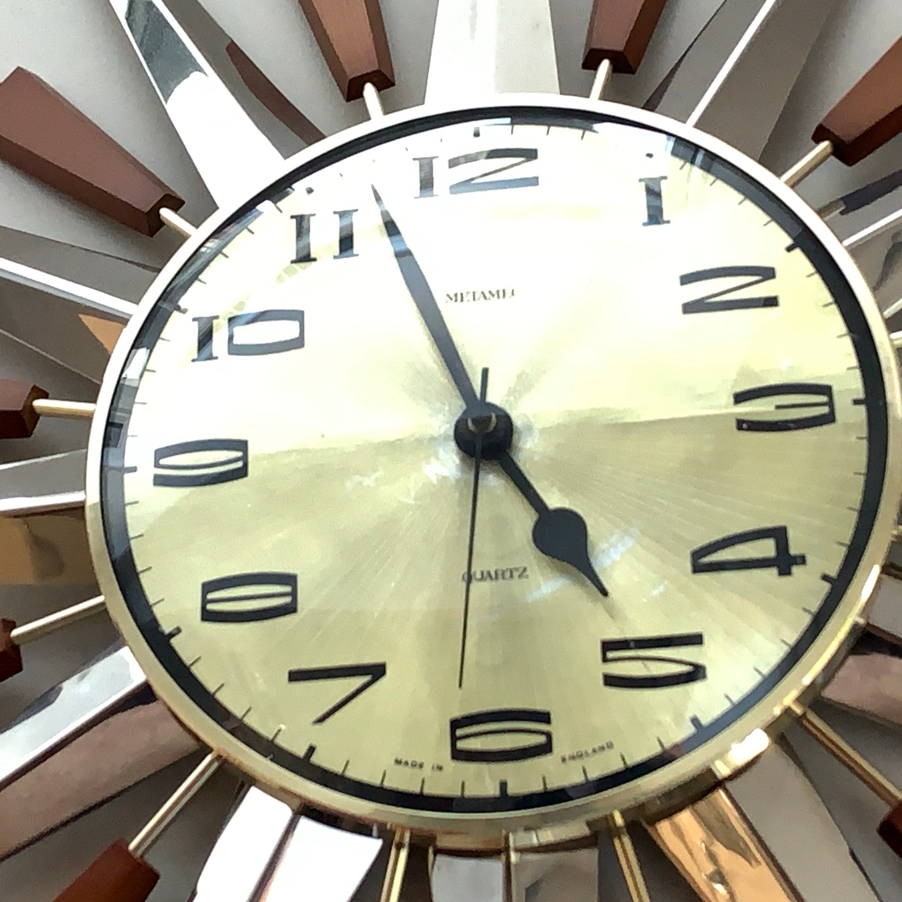 Metamec Model 5892 Starburst Wall Clock, Rare Gold Dial Variant, Teak and Chrome, 1960s