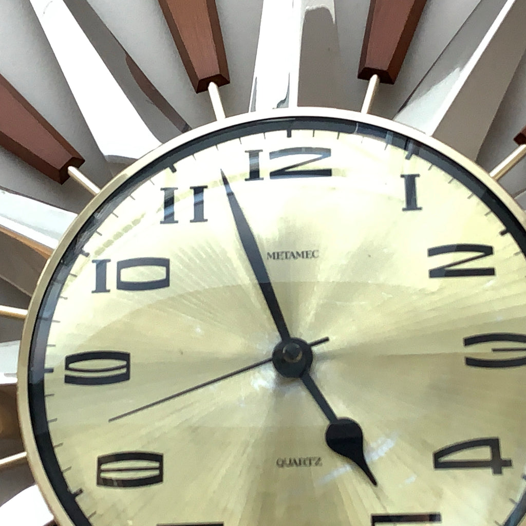 Metamec Model 5892 Starburst Wall Clock, Rare Gold Dial Variant, Teak and Chrome, 1960s