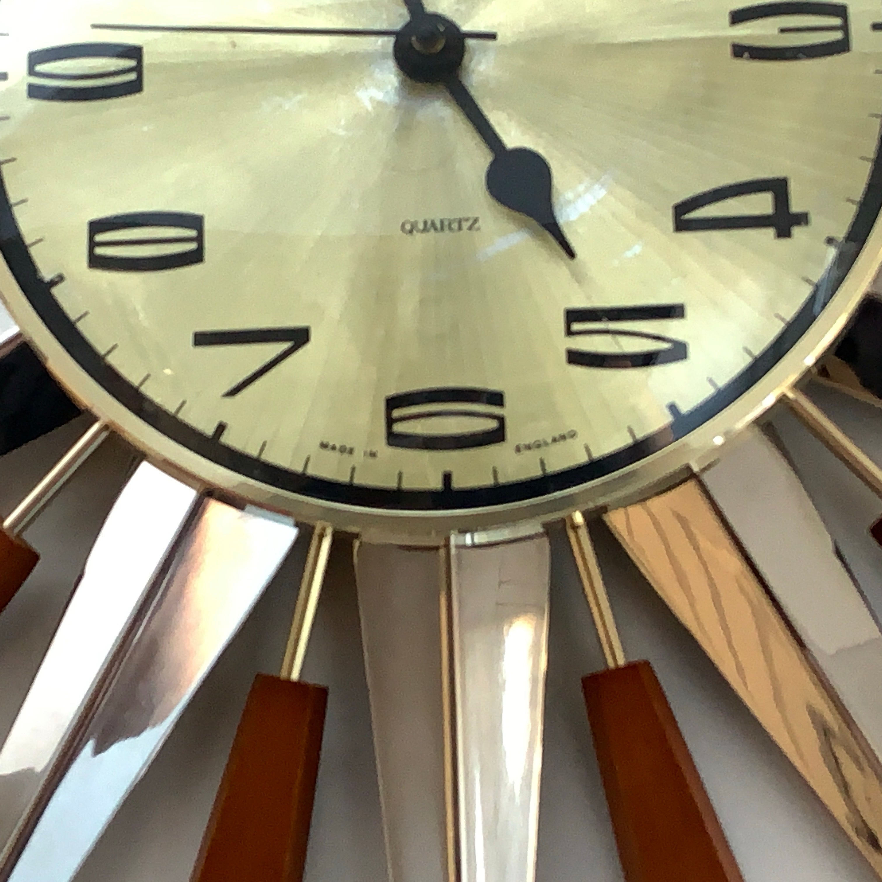 Metamec Model 5892 Starburst Wall Clock, Rare Gold Dial Variant, Teak and Chrome, 1960s