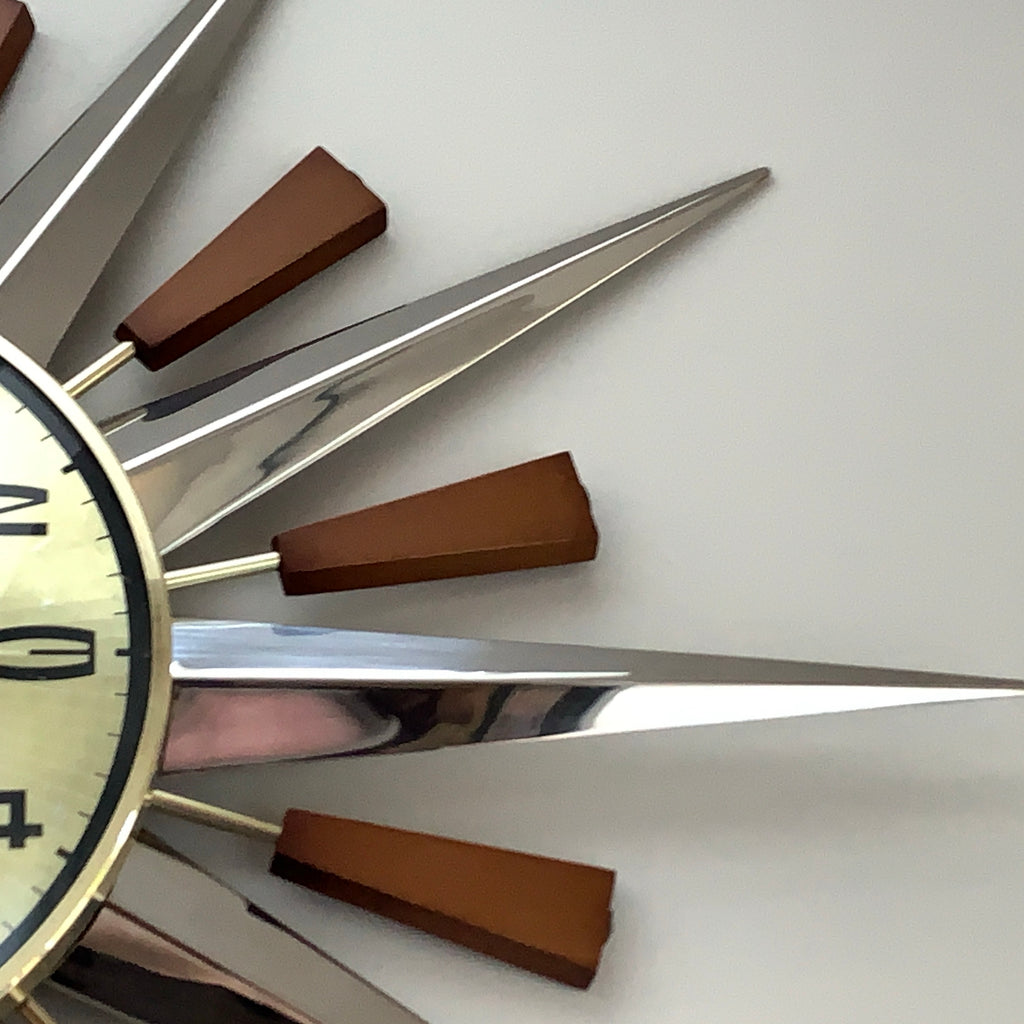 Metamec Model 5892 Starburst Wall Clock, Rare Gold Dial Variant, Teak and Chrome, 1960s