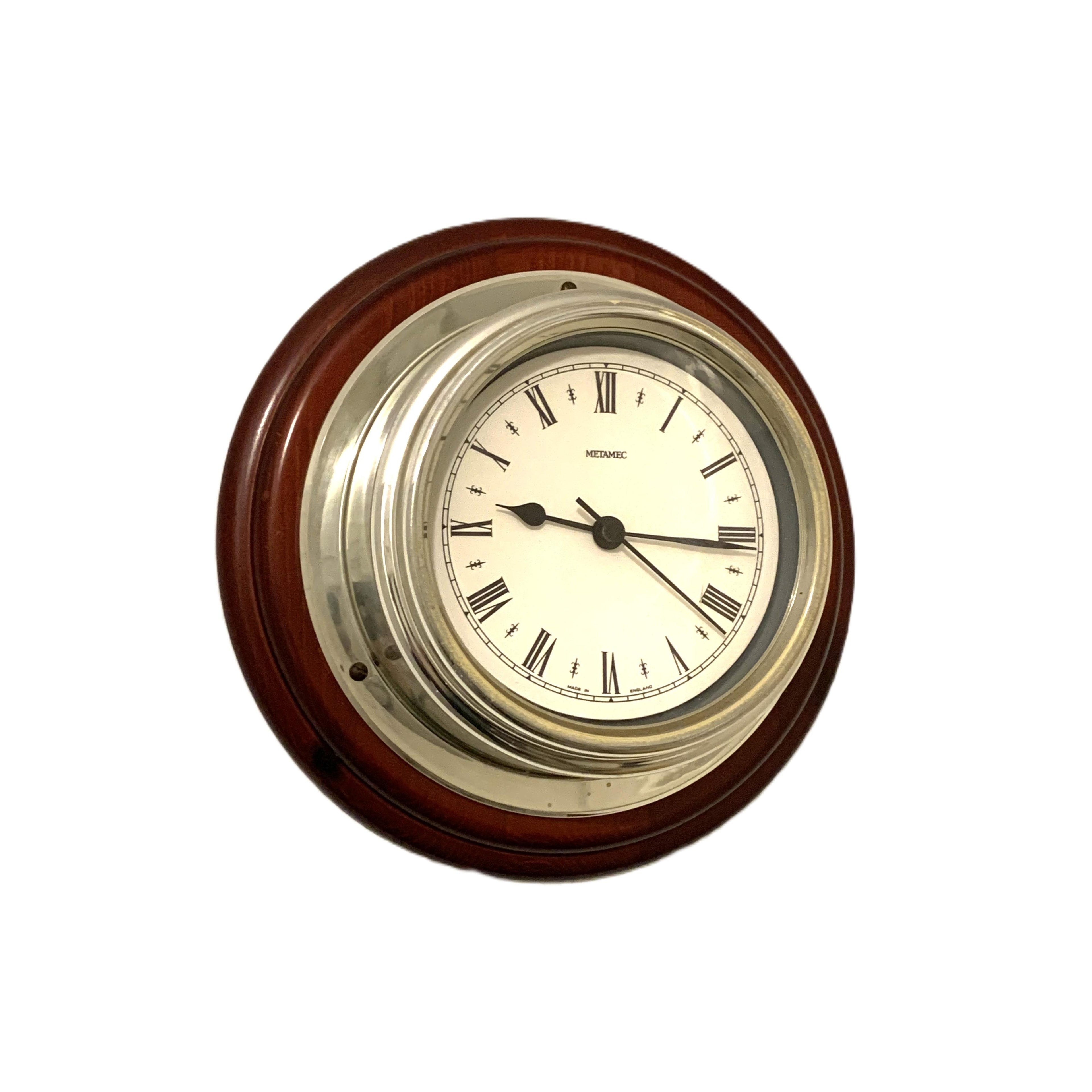 Metamec Ship's Bulkhead Wall Clock – Faux Mahogany Chrome Roman Numeral Nautical Made in England