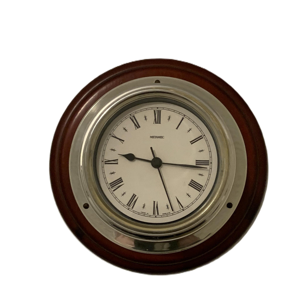 Metamec Ship's Bulkhead Wall Clock – Faux Mahogany Chrome Roman Numeral Nautical Made in England