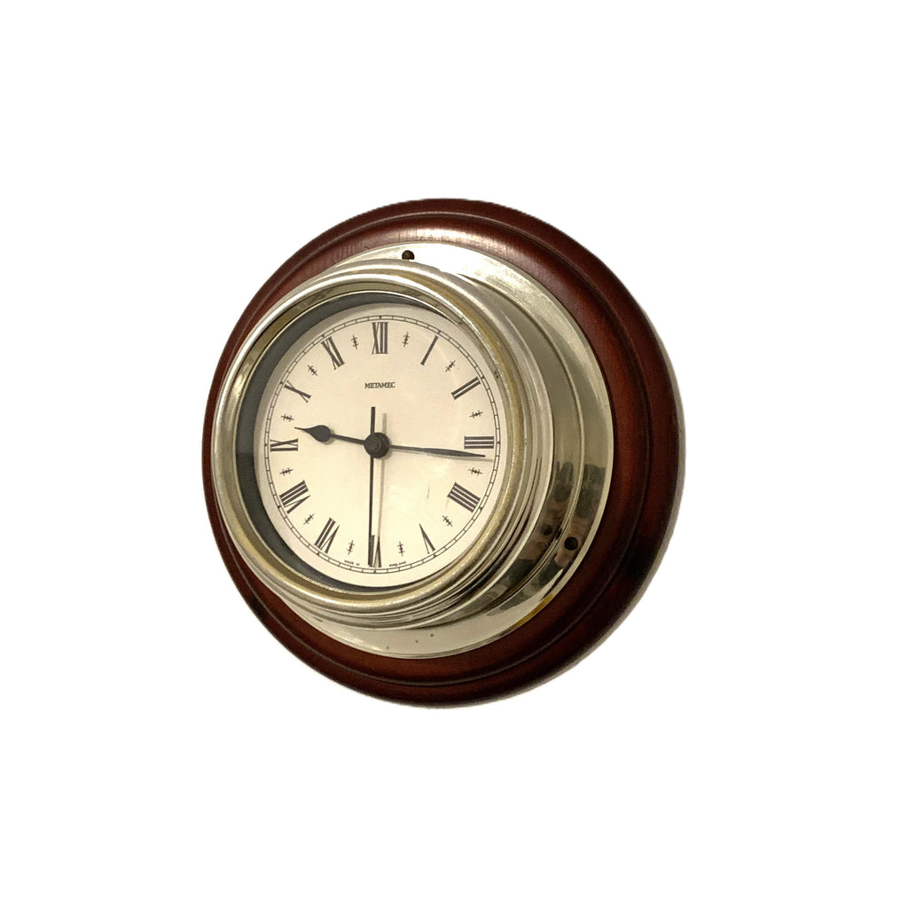 Metamec Ship's Bulkhead Wall Clock – Faux Mahogany Chrome Roman Numeral Nautical Made in England