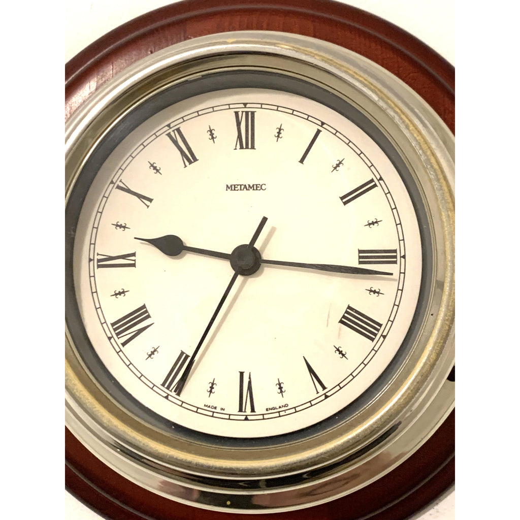 Metamec Ship's Bulkhead Wall Clock – Faux Mahogany Chrome Roman Numeral Nautical Made in England