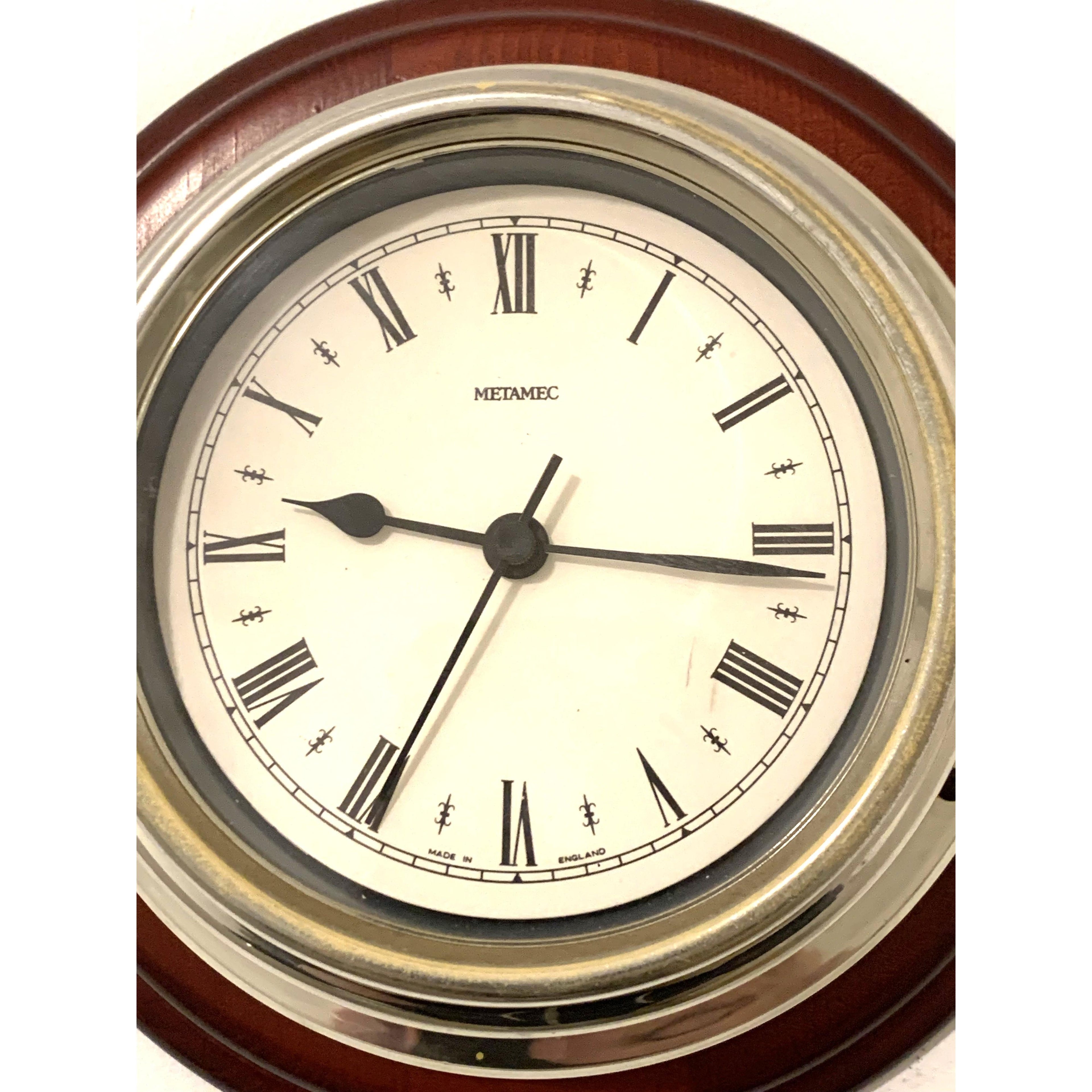 Metamec Ship's Bulkhead Wall Clock – Faux Mahogany Chrome Roman Numeral Nautical Made in England
