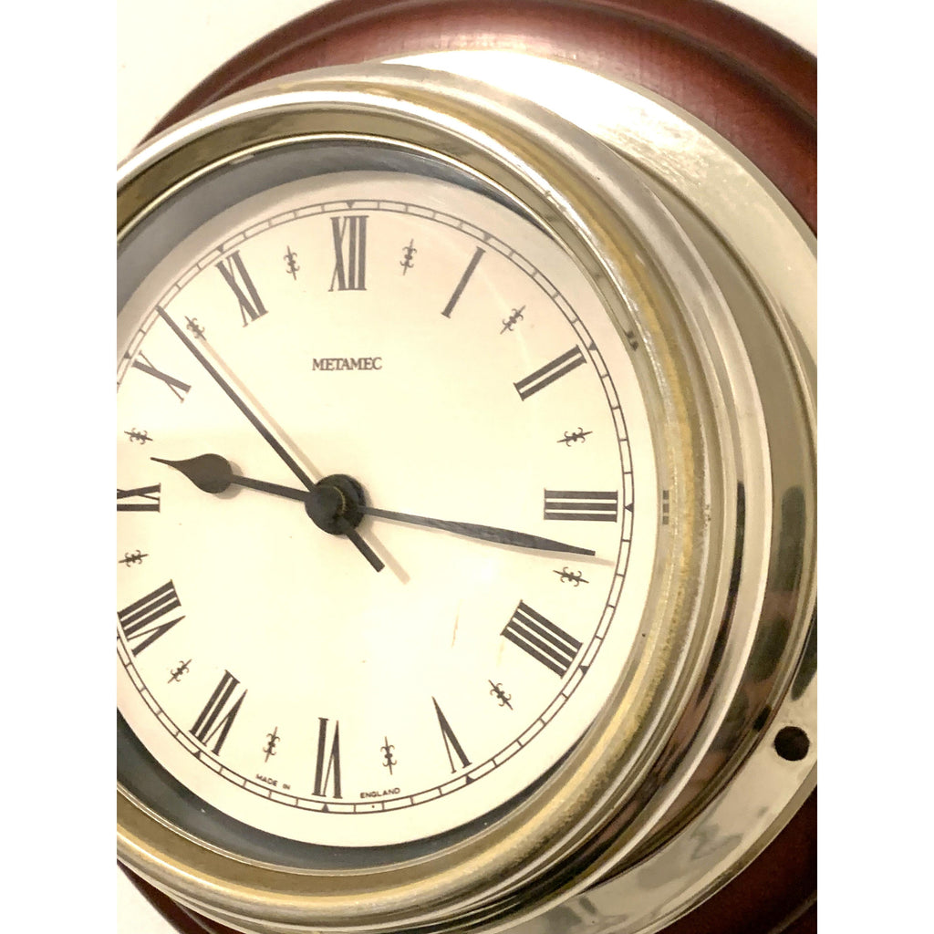 Metamec Ship's Bulkhead Wall Clock – Faux Mahogany Chrome Roman Numeral Nautical Made in England