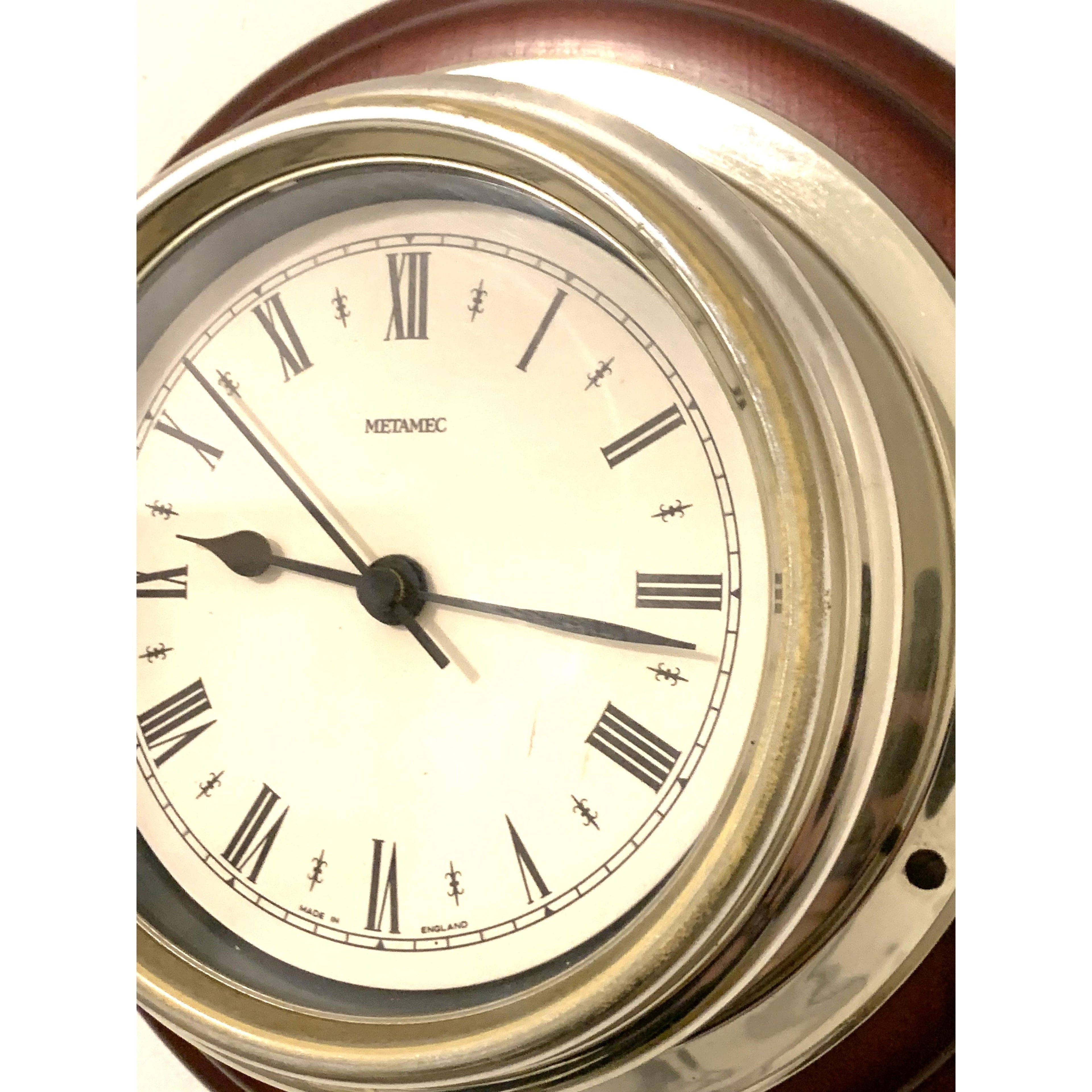 Metamec Ship's Bulkhead Wall Clock – Faux Mahogany Chrome Roman Numeral Nautical Made in England