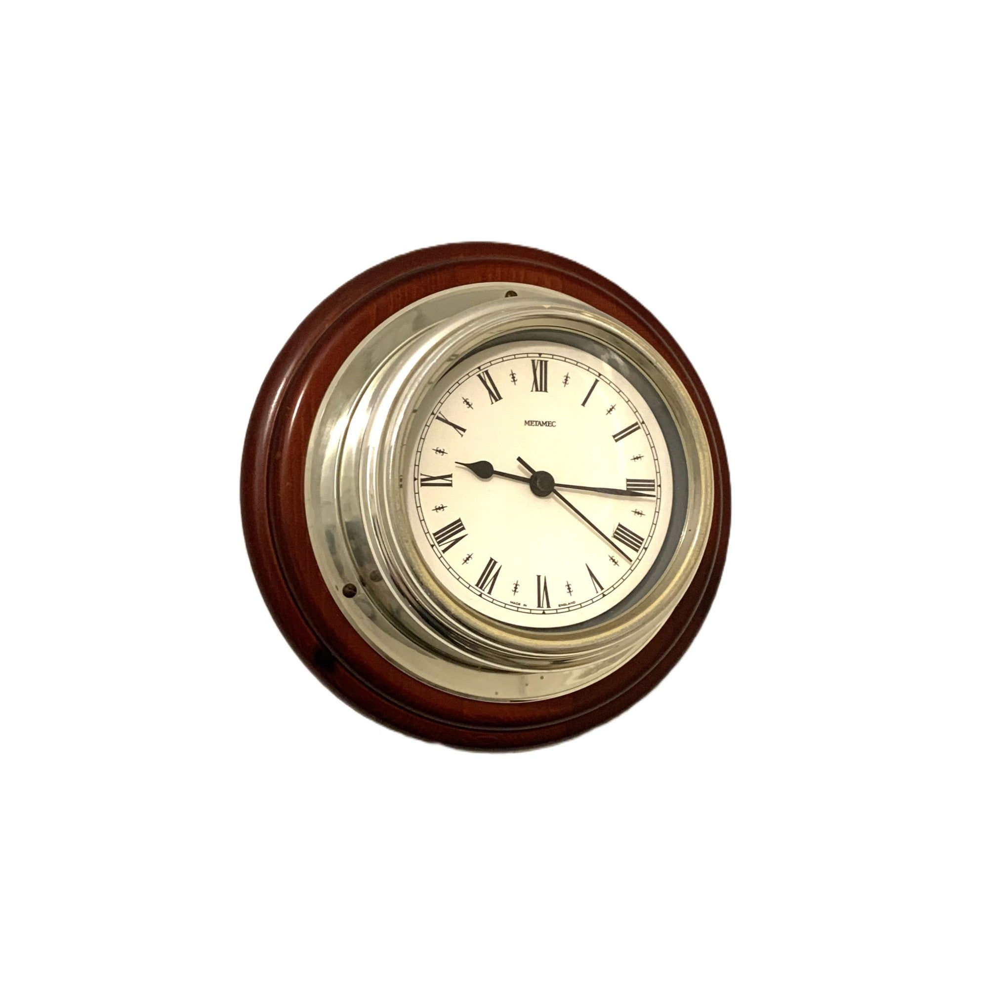 Metamec Ship's Bulkhead Wall Clock – Faux Mahogany Chrome Roman Numeral Nautical Made in England