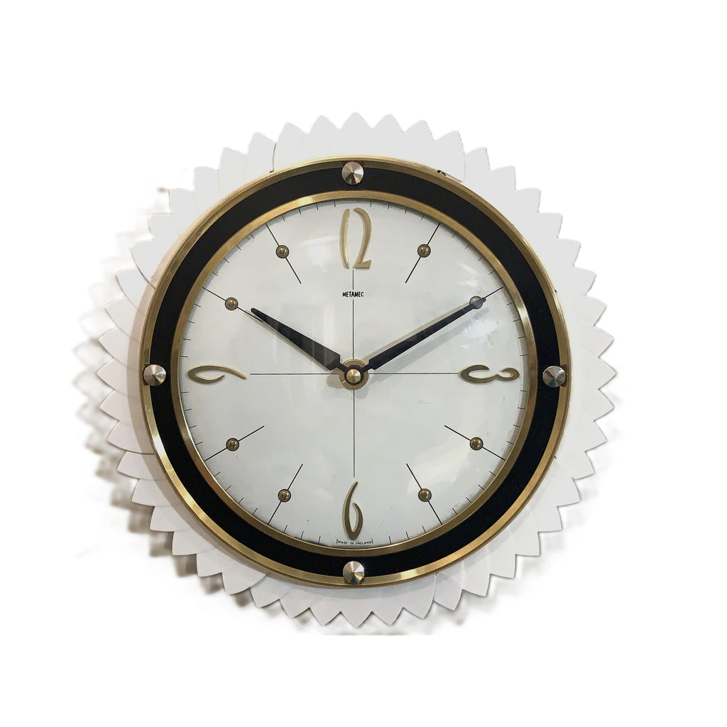 Metamec Starburst Wall Clock Rare White Gold Bakelite Vintage 50s 60s